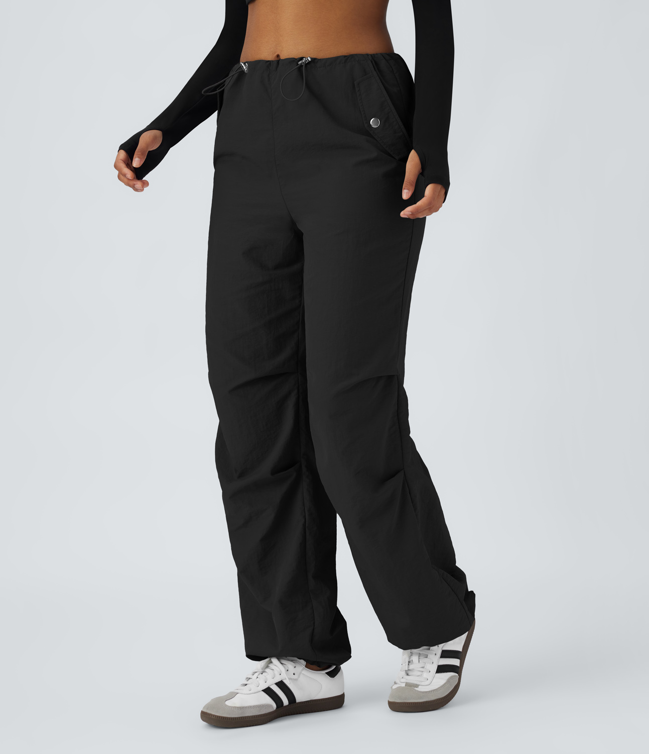 Halara High Waisted Adjustable Drawcord Side Pocket Casual Parachute Cargo Pants  - Black - L(regular) sweatpants jogger pants 