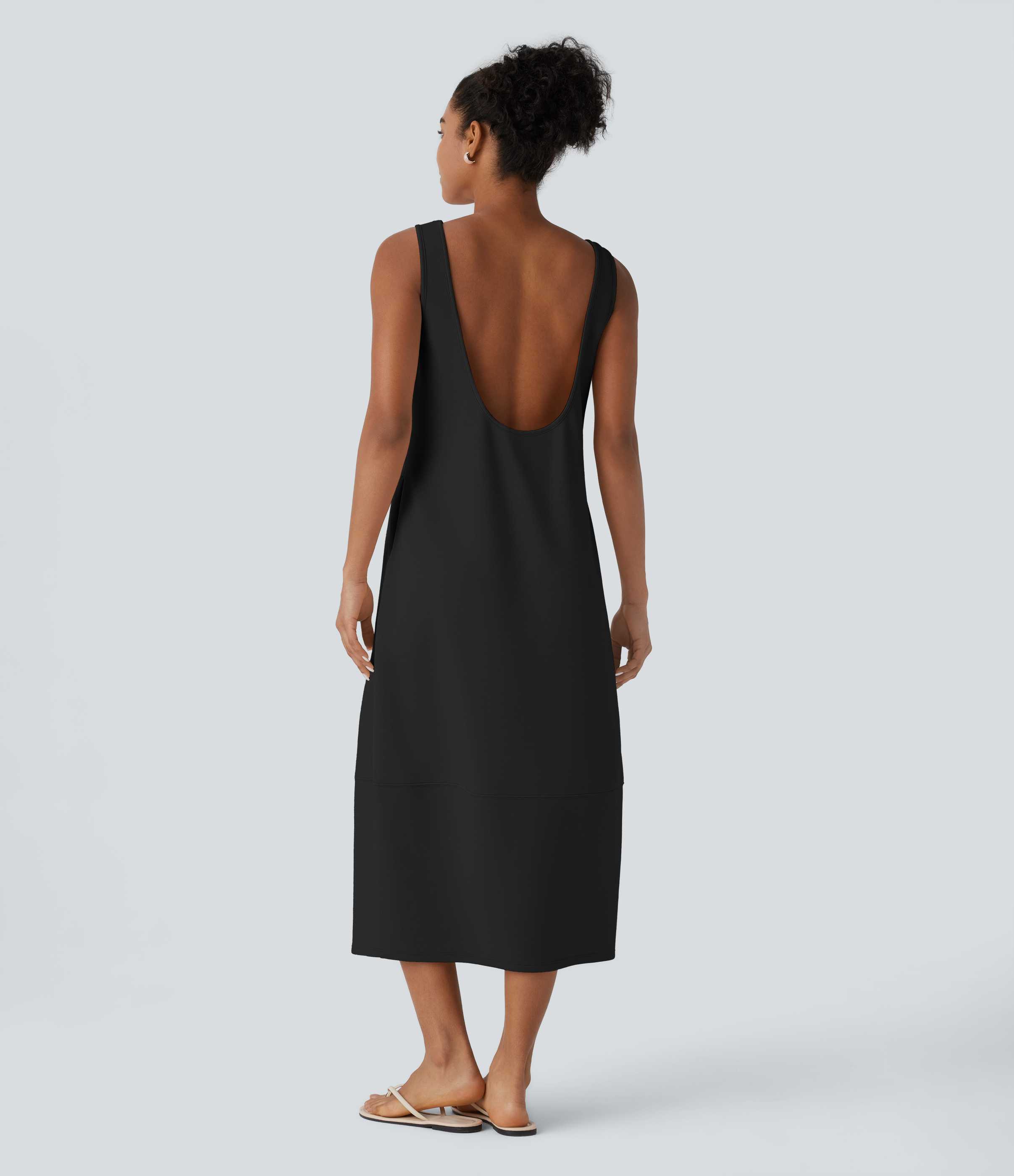 Halara Backless Side Pockets Barrel Midi Resort Tank Dress Casual Dress - Black - XS slip dress beach dress ruched dress halter dress 