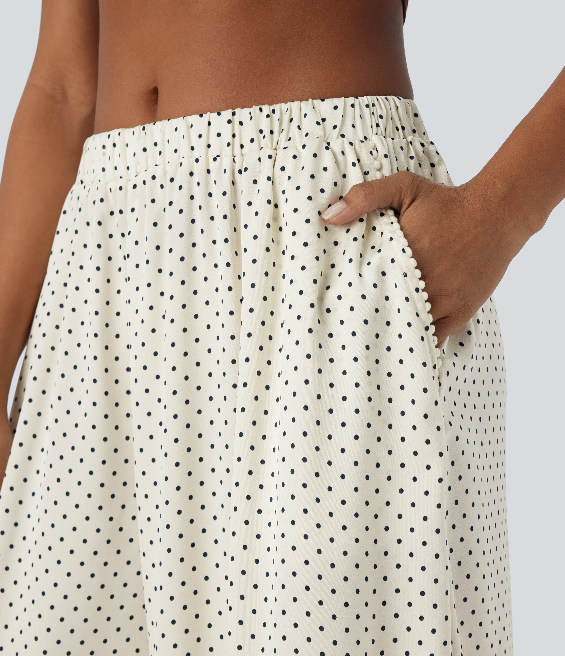 Halara Mid Rise Plicated Side Pocket Wide Leg Polka Dot Flowy Resort Pants  - Light Beige Polka Dots - XS(regular) sweatpants jogger pants 
