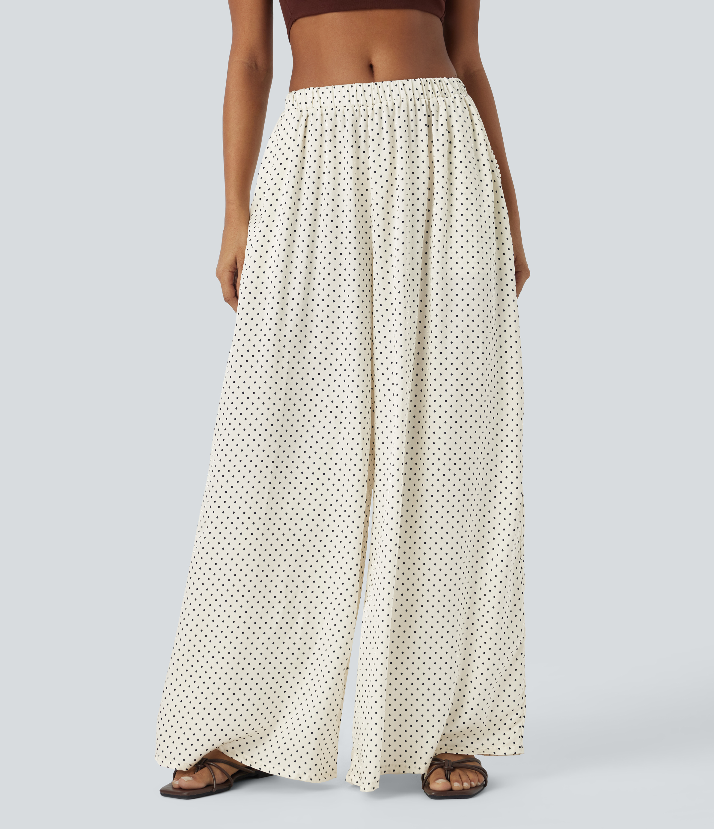 Halara Mid Rise Plicated Side Pocket Wide Leg Polka Dot Flowy Resort Pants  - Light Beige Polka Dots - XS(regular) sweatpants jogger pants 