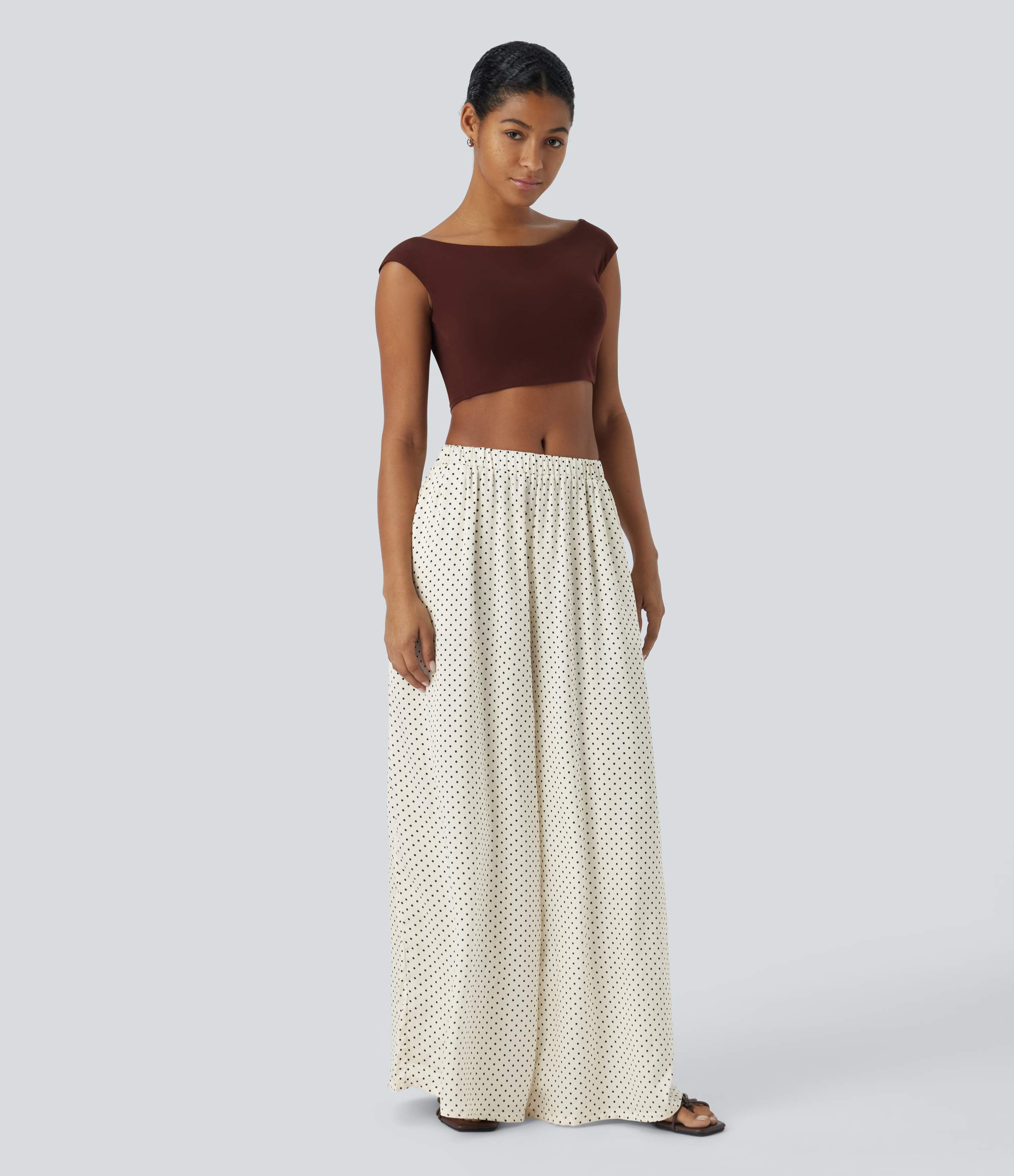 Halara Mid Rise Plicated Side Pocket Wide Leg Polka Dot Flowy Resort Pants  - Light Beige Polka Dots - XS(regular) sweatpants jogger pants 