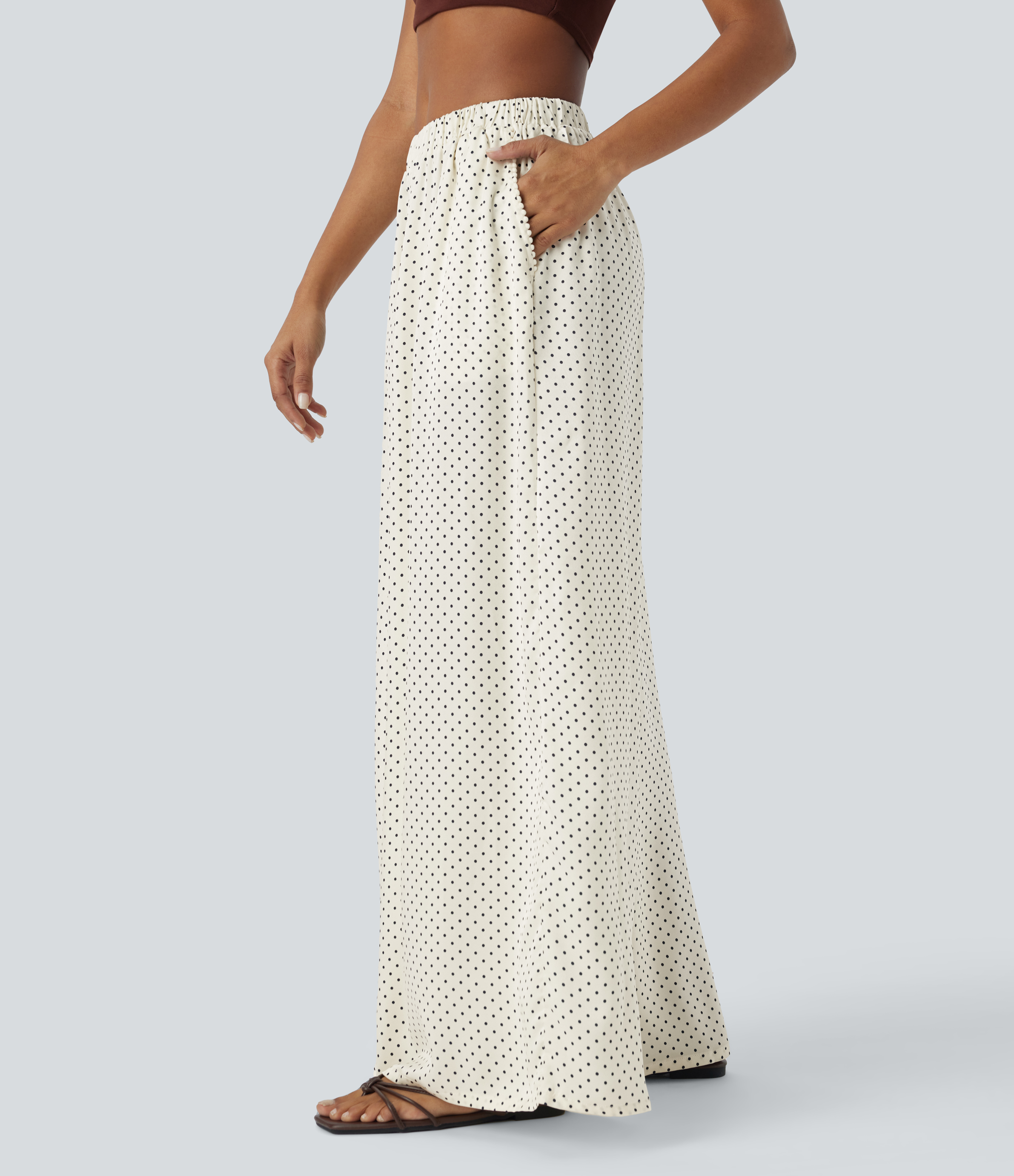 Halara Mid Rise Plicated Side Pocket Wide Leg Polka Dot Flowy Resort Pants  - Light Beige Polka Dots - XS(regular) sweatpants jogger pants 