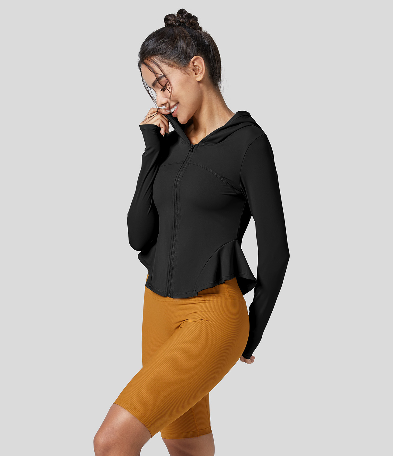 Halara Softlyzeroв„ў Airy Zipper Long Sleeve Thumb Hole Ruffle Hem Hooded Slim Cool Touch Yoga Jacket  - Black - M 