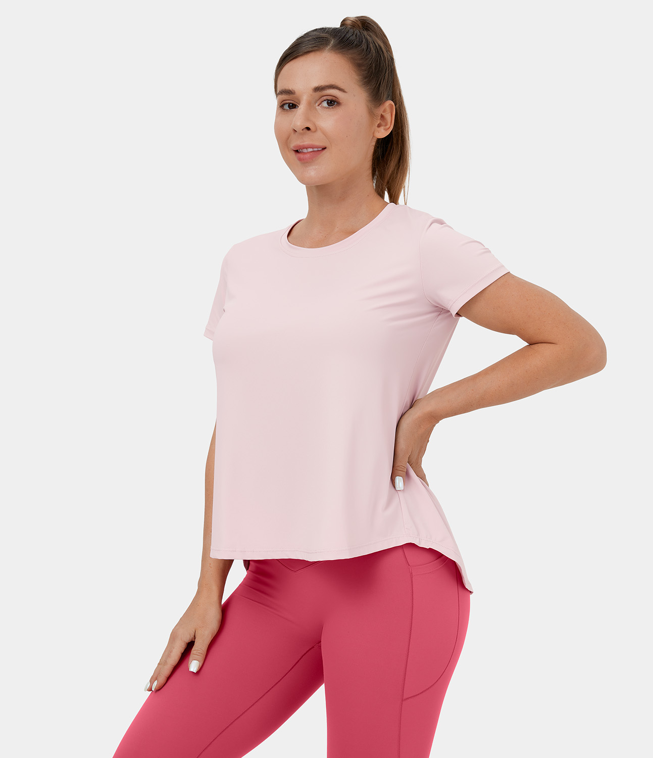 Halara Round Neck Short Sleeve Crisscross Split Tie Back Yoga Sports Top  - Calcite - S 