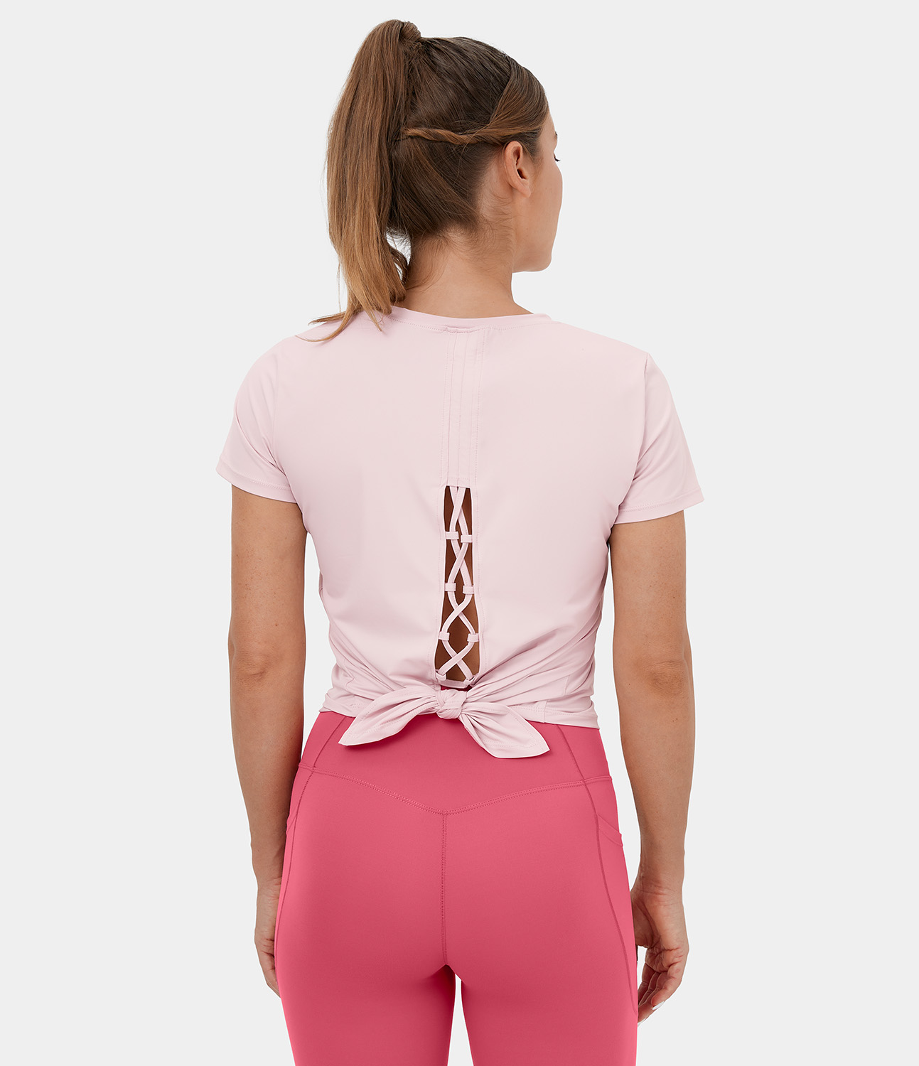 Halara Round Neck Short Sleeve Crisscross Split Tie Back Yoga Sports Top  - Calcite - S 