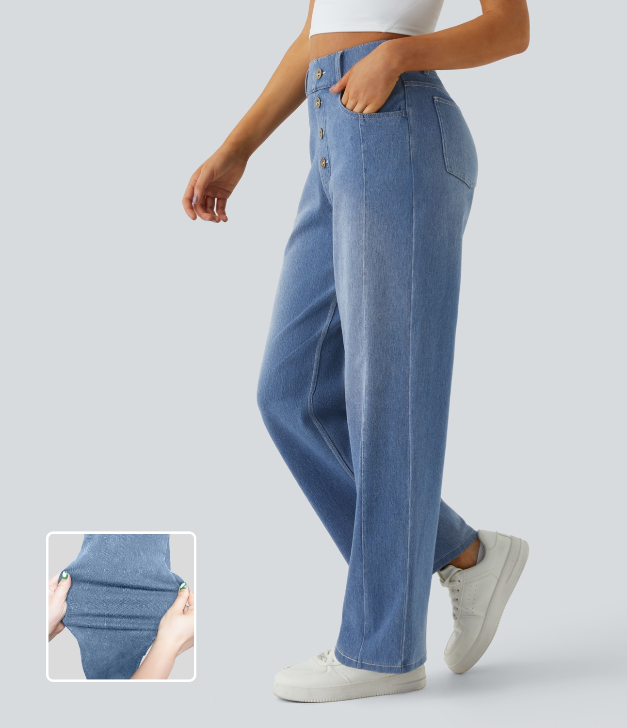 

Halara HalaraMagicв„ў High Waisted Decorative Button Multiple Pockets Straight Leg Stretchy Knit Casual Boyfriend Jeans - Distressed Denim Blue