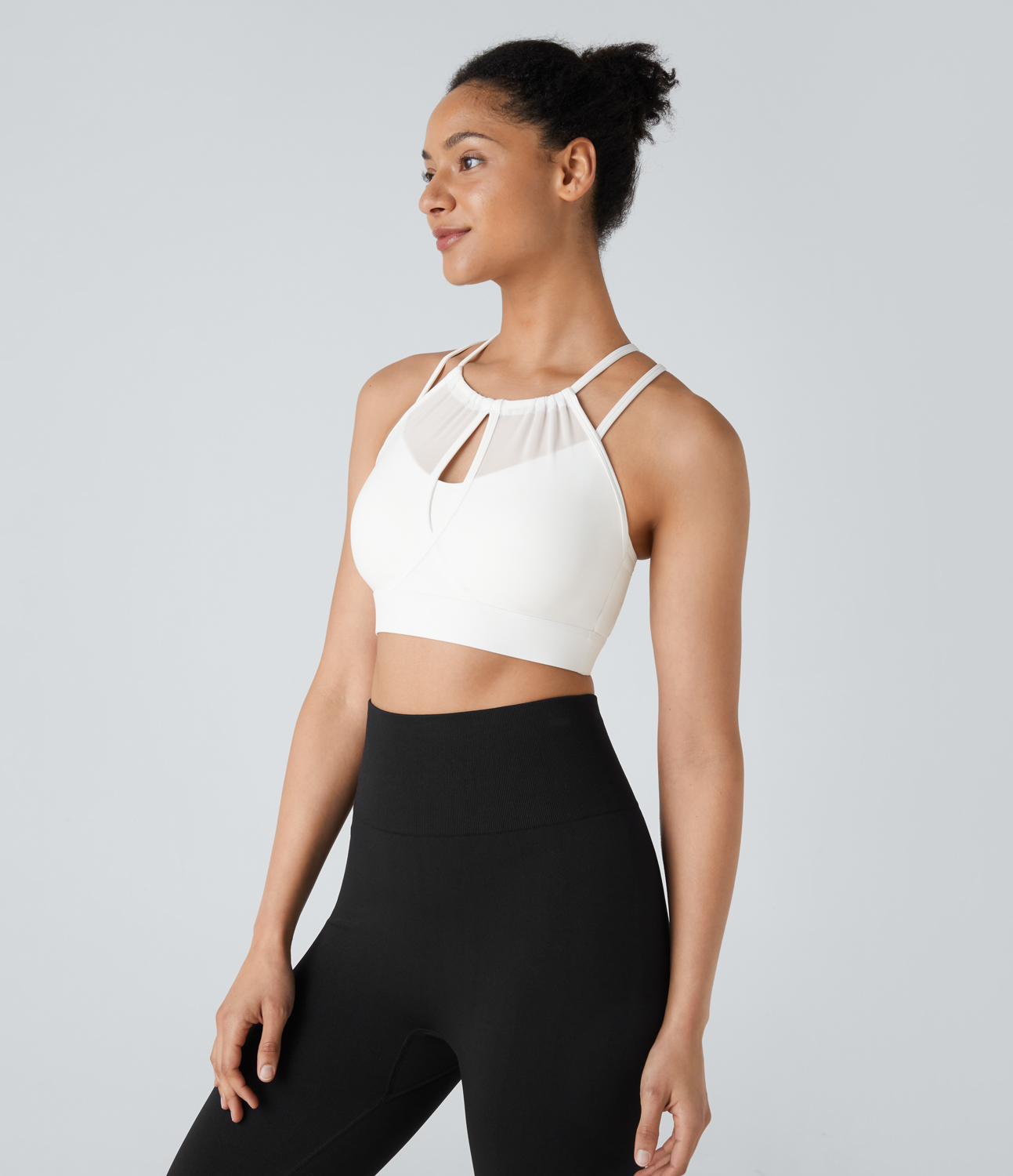 Halara Low Support Backless Cut Out Contrast Mesh 2-in-1 Yoga Sports Bra  - White - XS push up bra strapless bra backless bra sticky bra 