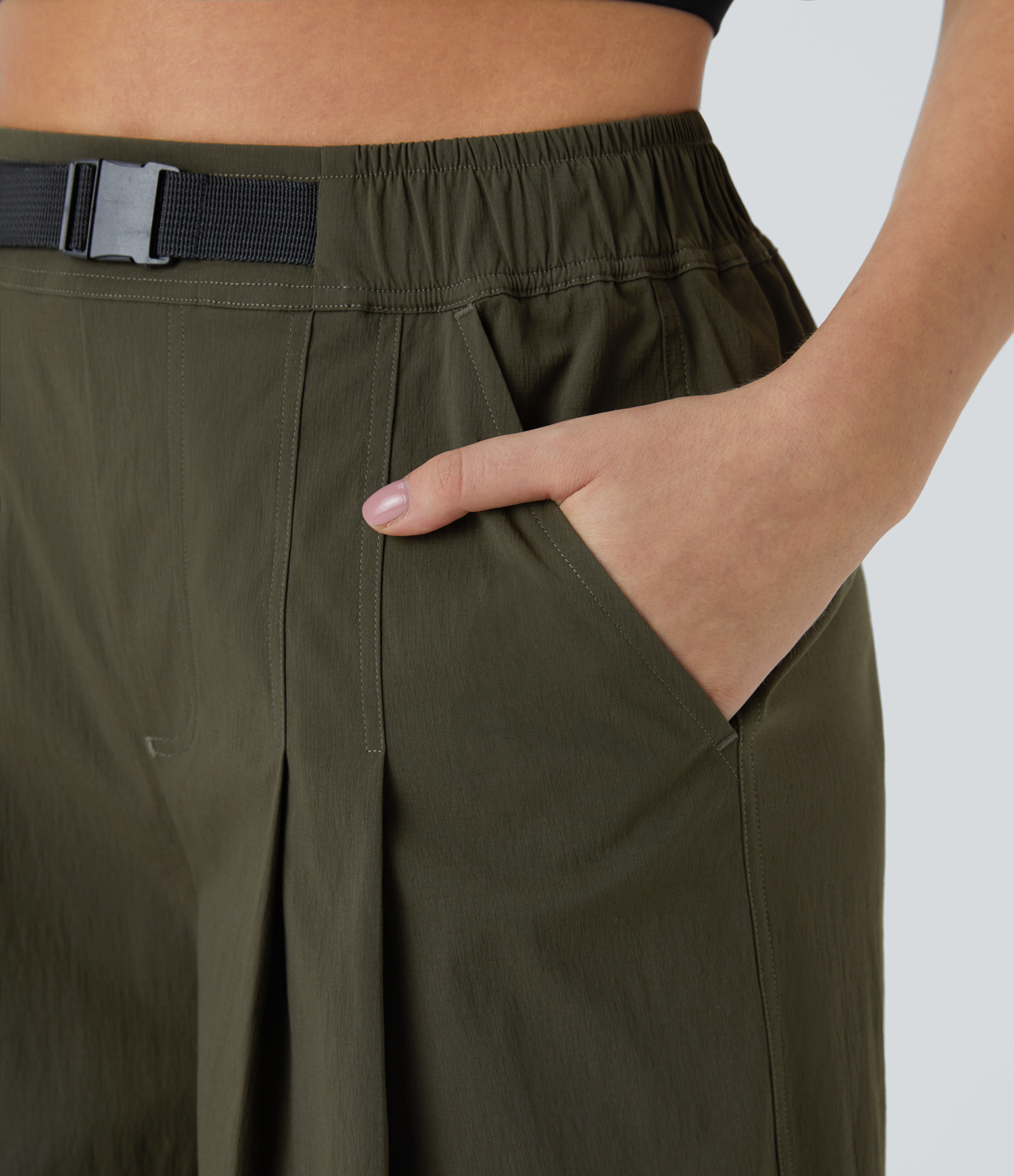 Halara Water Repellent High Waisted Adjustable Buckle Plicated Side Pocket Ripstop Camping Pants  - Twilight Green - L(regular) 