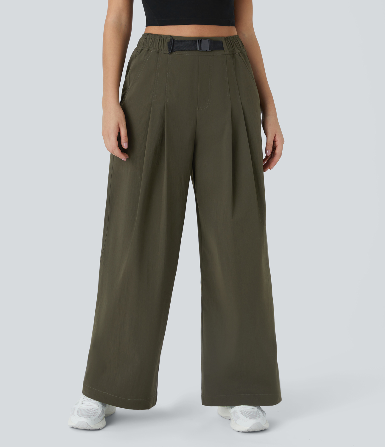 Halara Water Repellent High Waisted Adjustable Buckle Plicated Side Pocket Ripstop Camping Pants  - Twilight Green - L(regular) 
