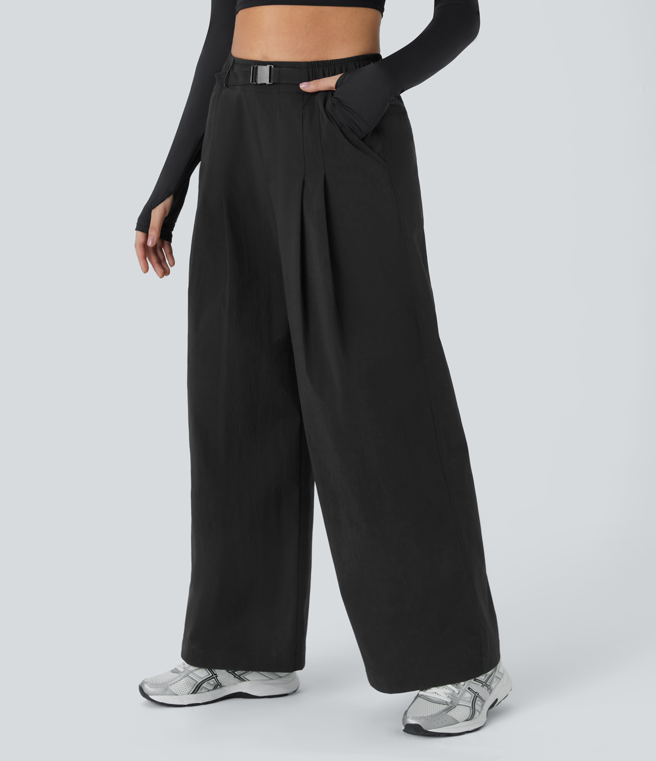 Halara Water Repellent High Waisted Adjustable Buckle Plicated Side Pocket Ripstop Camping Pants  - Black - M(regular) 