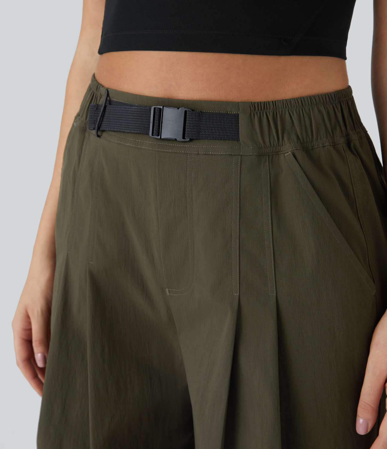 Halara Water Repellent High Waisted Adjustable Buckle Plicated Side Pocket Ripstop Camping Pants  - Twilight Green - L(regular) 