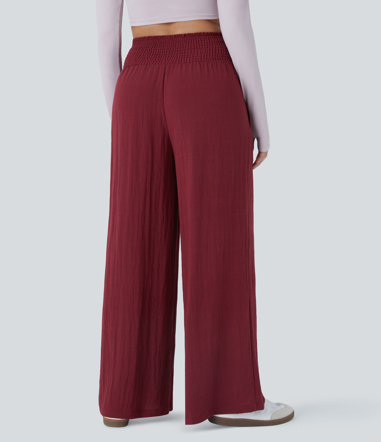 Halara High Waisted Shirred Plicated Side Pocket Wide Leg Casual Linen-Feel Pants  - Biking Red - XL(regular) sweatpants jogger pants 