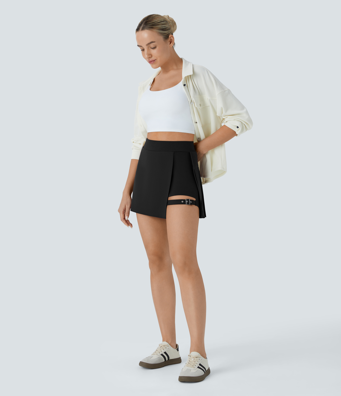 Halara Breezefulв„ў High Waisted Contrast Pleated 2-in-1 Side Pocket Adjustable Buckle Mini Quick Dry Casual Skirt  - Black - XS(regular) 