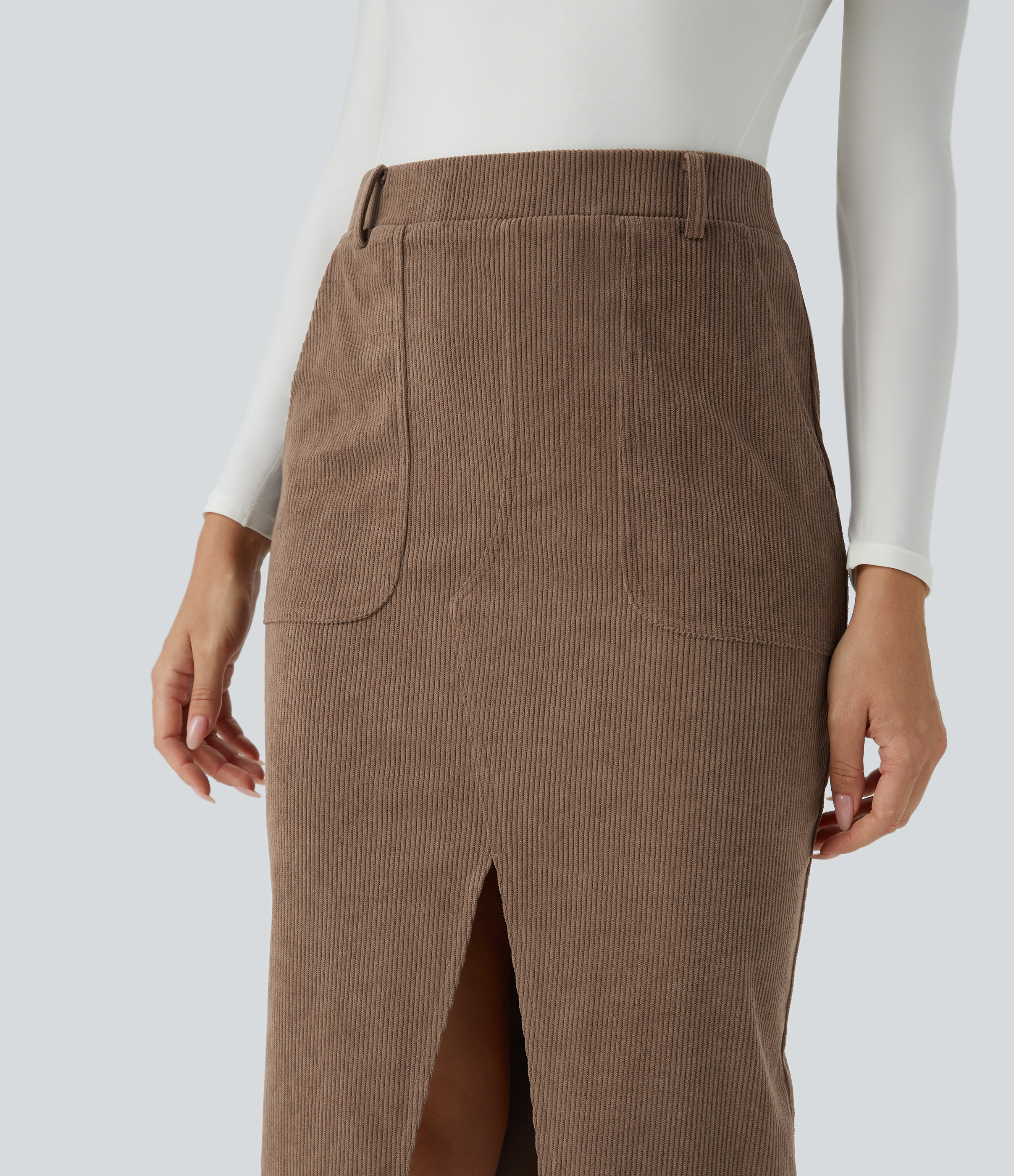 Halara Mid Rise Side Pocket Split Midi Corduroy Casual Skirt  - Acorn - S(regular) 