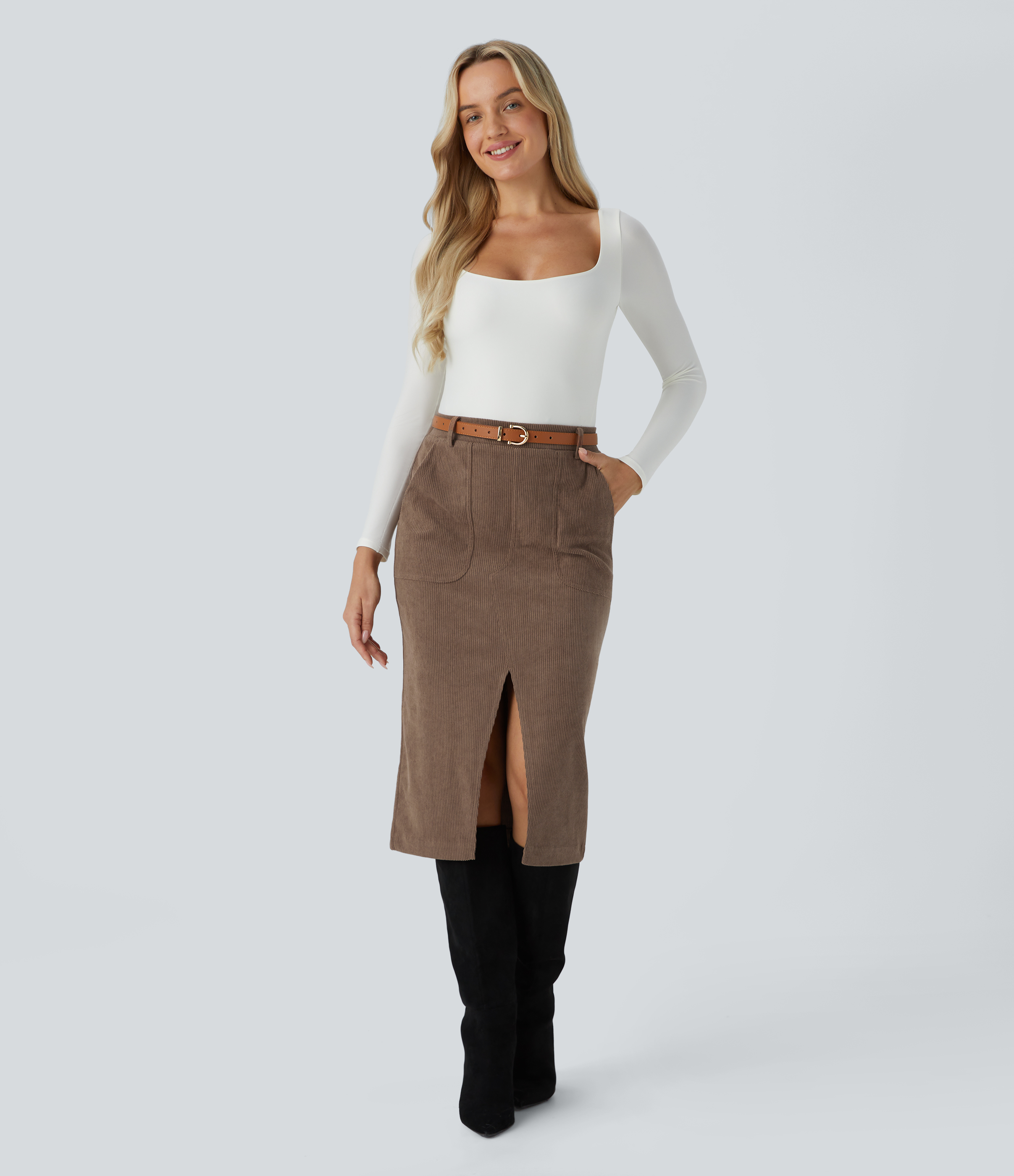 Halara Mid Rise Side Pocket Split Midi Corduroy Casual Skirt  - Acorn - S(regular) 