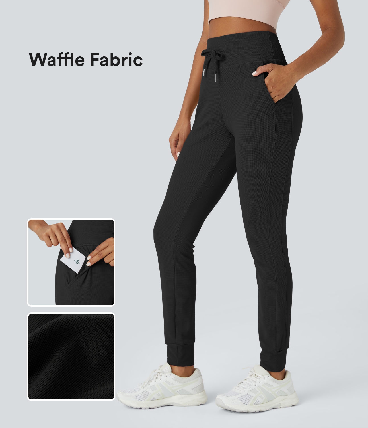 Halara High Waisted Drawstring Side Pocket Full Length Waffle Yoga Joggers  - Black - L(regular) 
