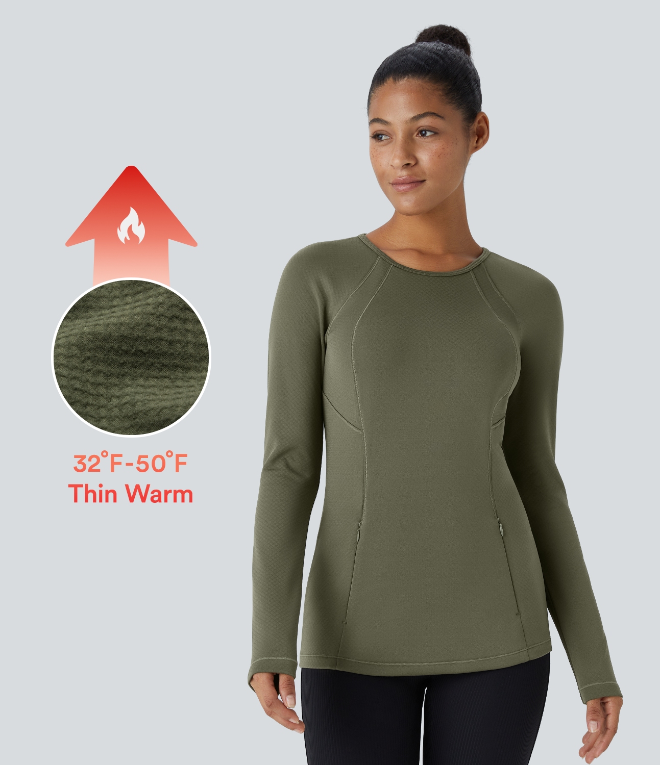 Halara 3D Thermal Round Neck Side Zip Pocket Bodycon Casual Sports Sweatshirt  - Grass Grey Green - XS 