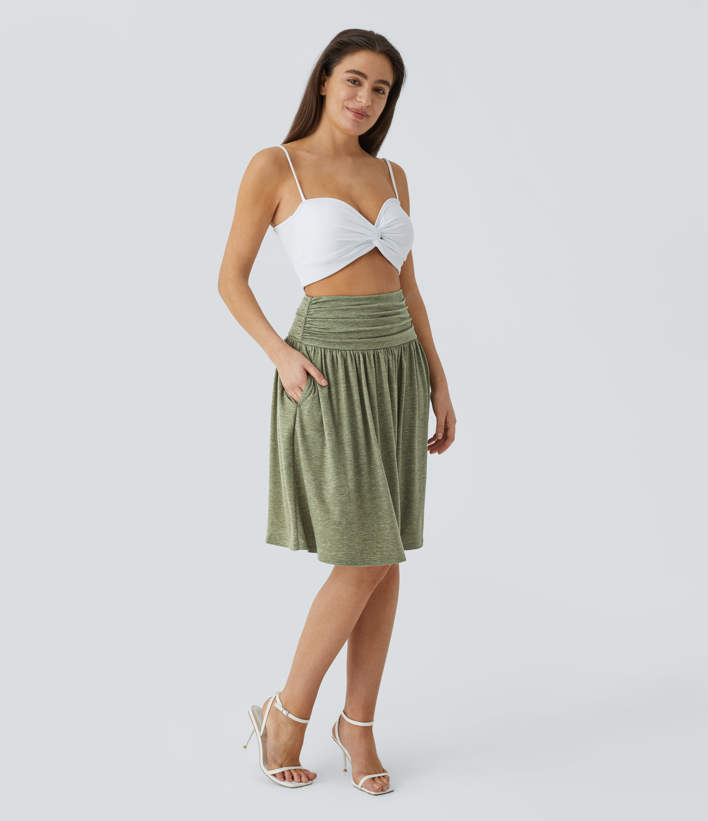 Halara High Waisted Ruched Side Pocket Flowy Resort Skirt  - Light Green Floral Yarn - L(regular) 