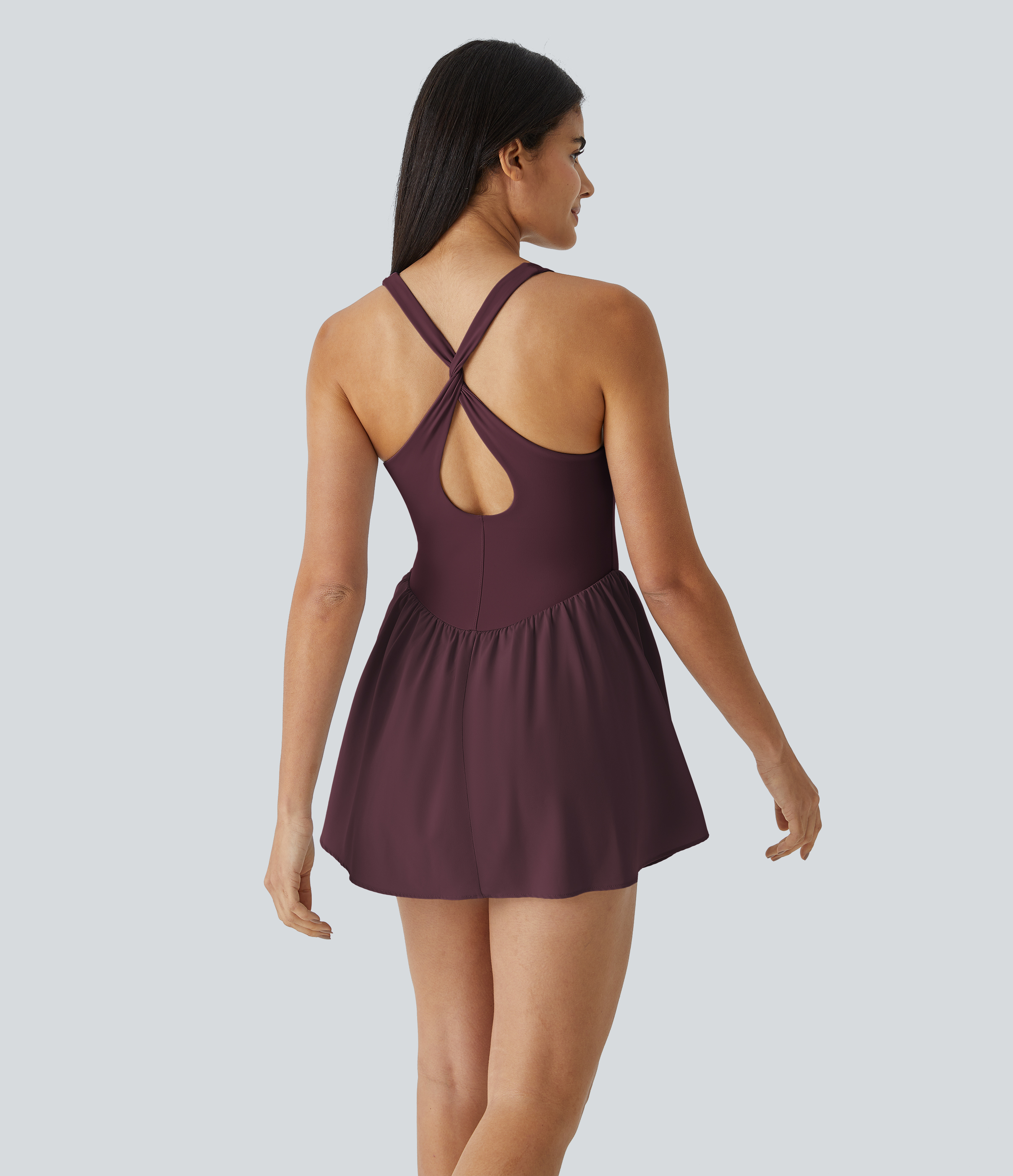 Halara Breezefulв„ў Square Neck Backless Cut Out Crisscross Twisted Back 2-in-1 Side Pocket Corset Mini Quick Dry Flowy Casual Dress Workout Dress - Berry Red - XS 