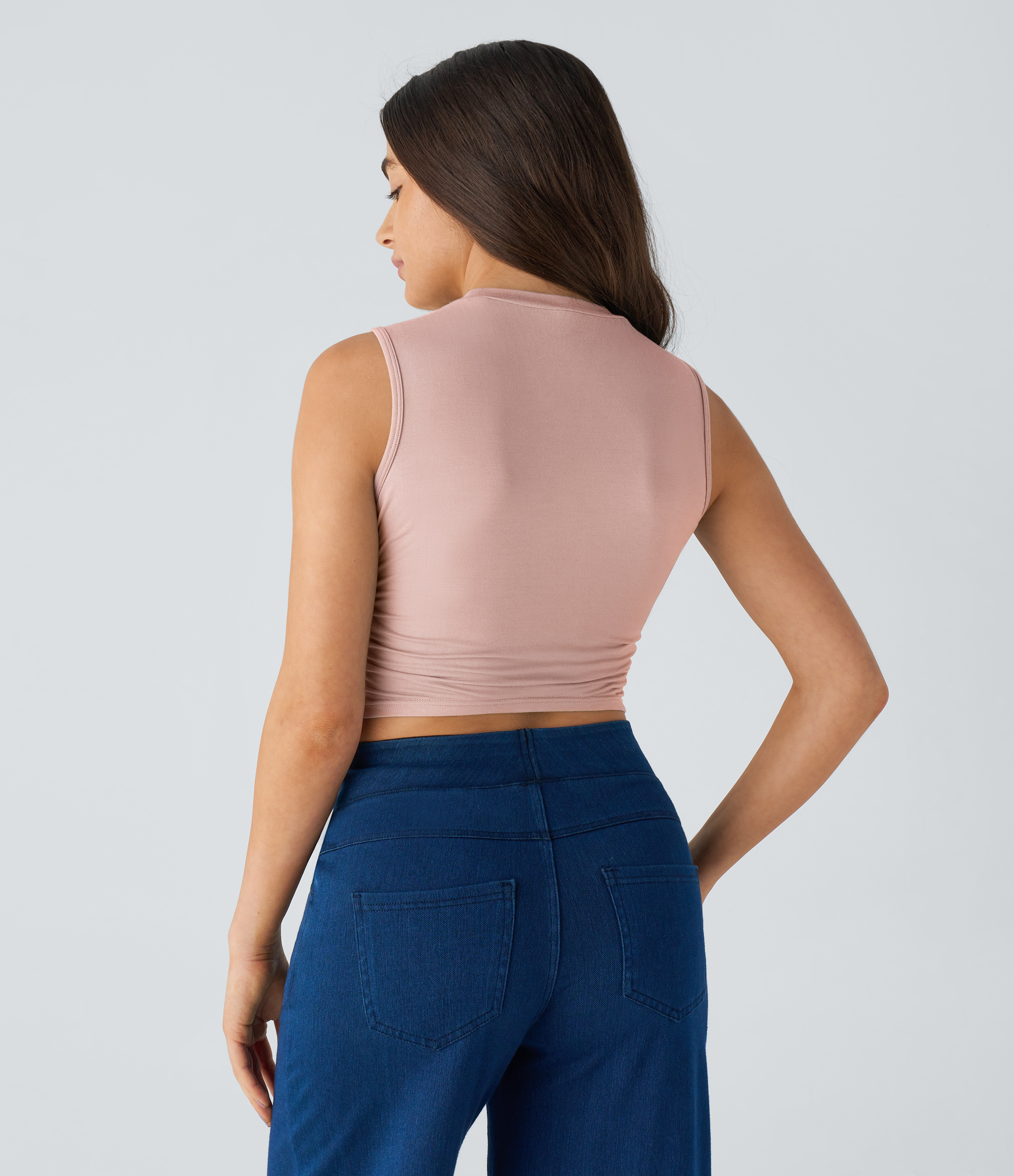 Halara Round Neck Ruched Skinny Cropped Casual Tank Top Tank Top - Sepia Rose - L golf tops halter top tunic tops sleeveless tops 