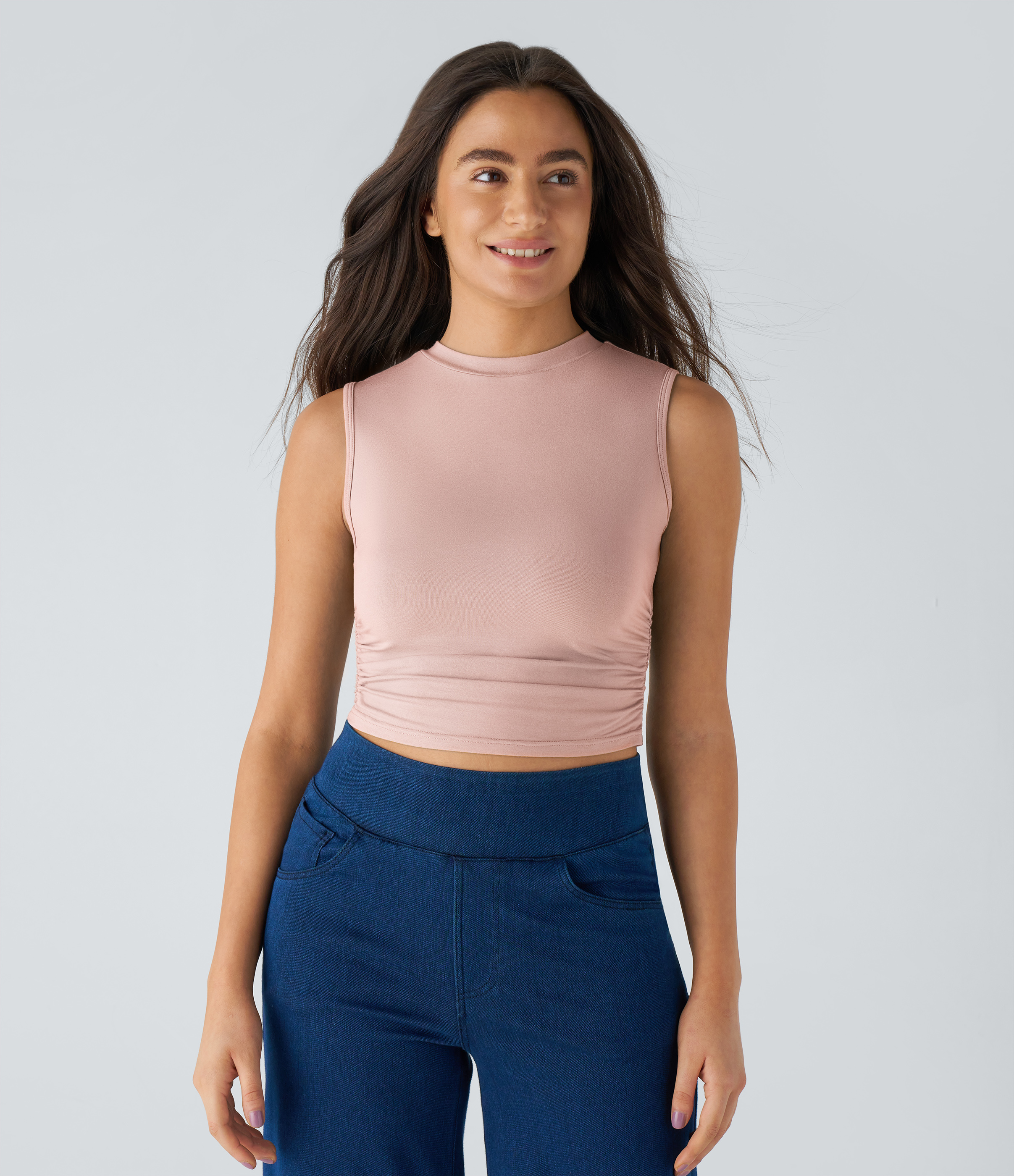 Halara Round Neck Ruched Skinny Cropped Casual Tank Top Tank Top - Sepia Rose - L golf tops halter top tunic tops sleeveless tops 