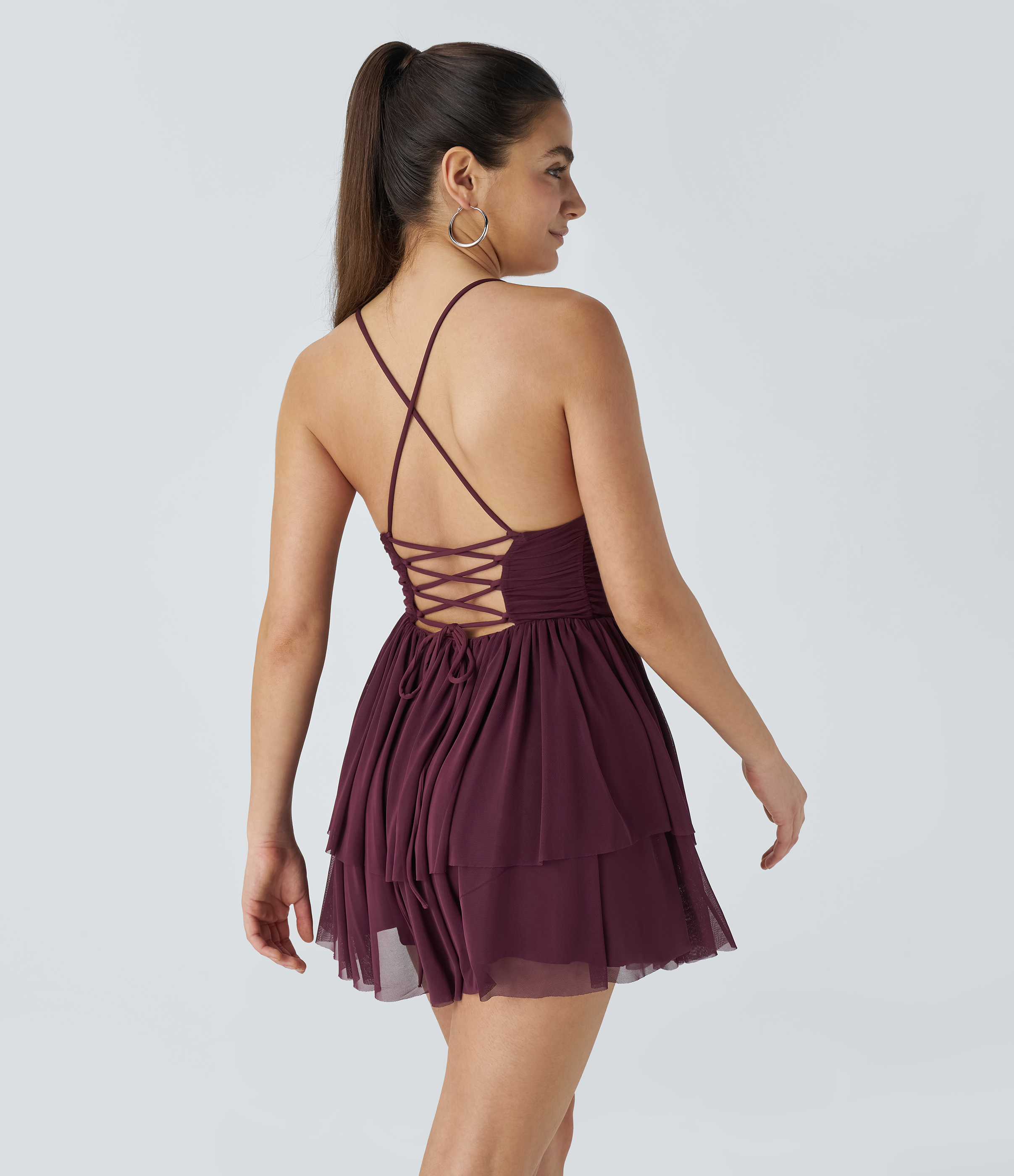 Halara Backless Crisscross Lace Up Mesh Layered Mini Party Dress Casual Dress - Sandalwood Grape Purple - XS slip dress beach dress 