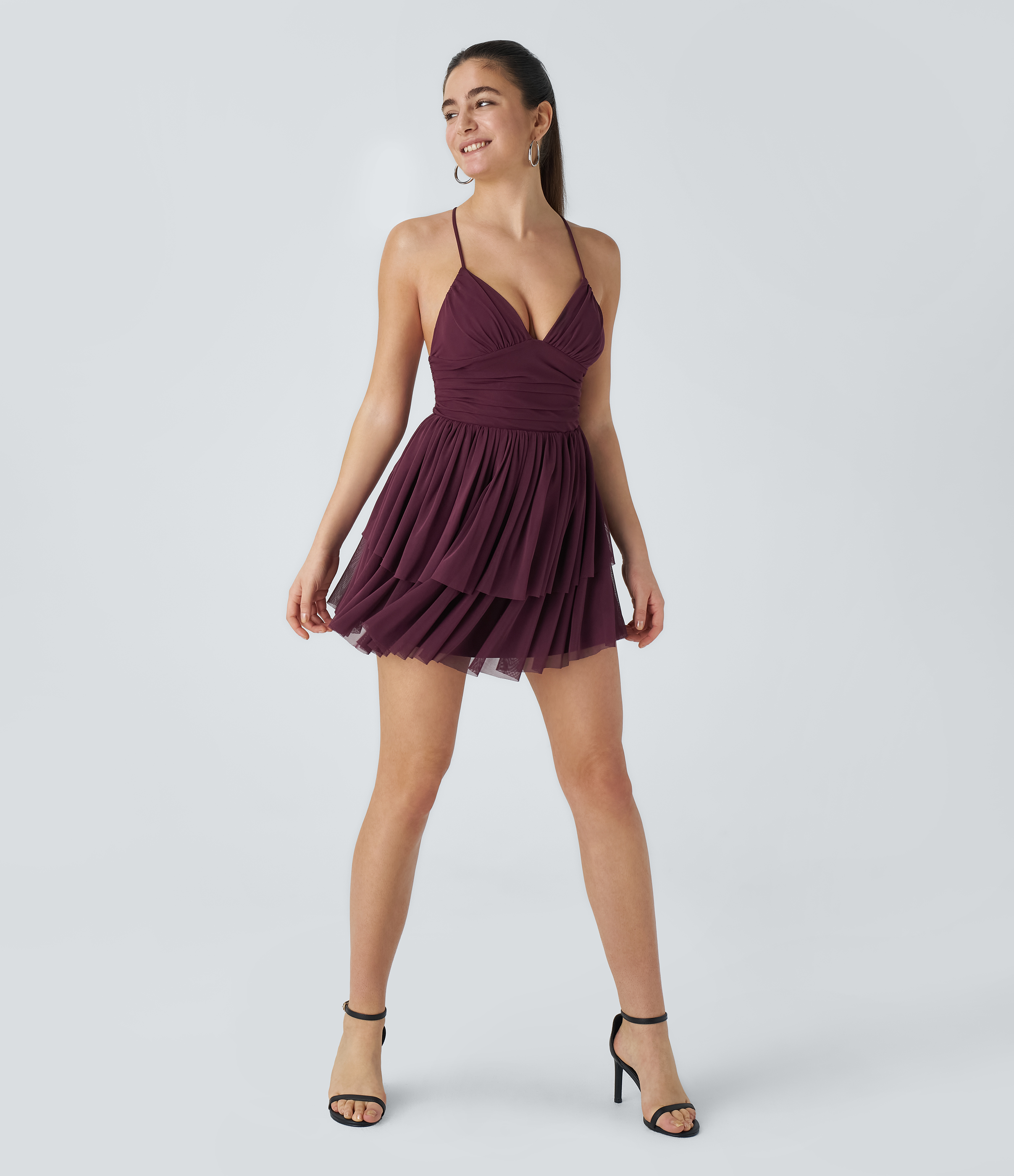 Halara Backless Crisscross Lace Up Mesh Layered Mini Party Dress Casual Dress - Sandalwood Grape Purple - XS slip dress beach dress 