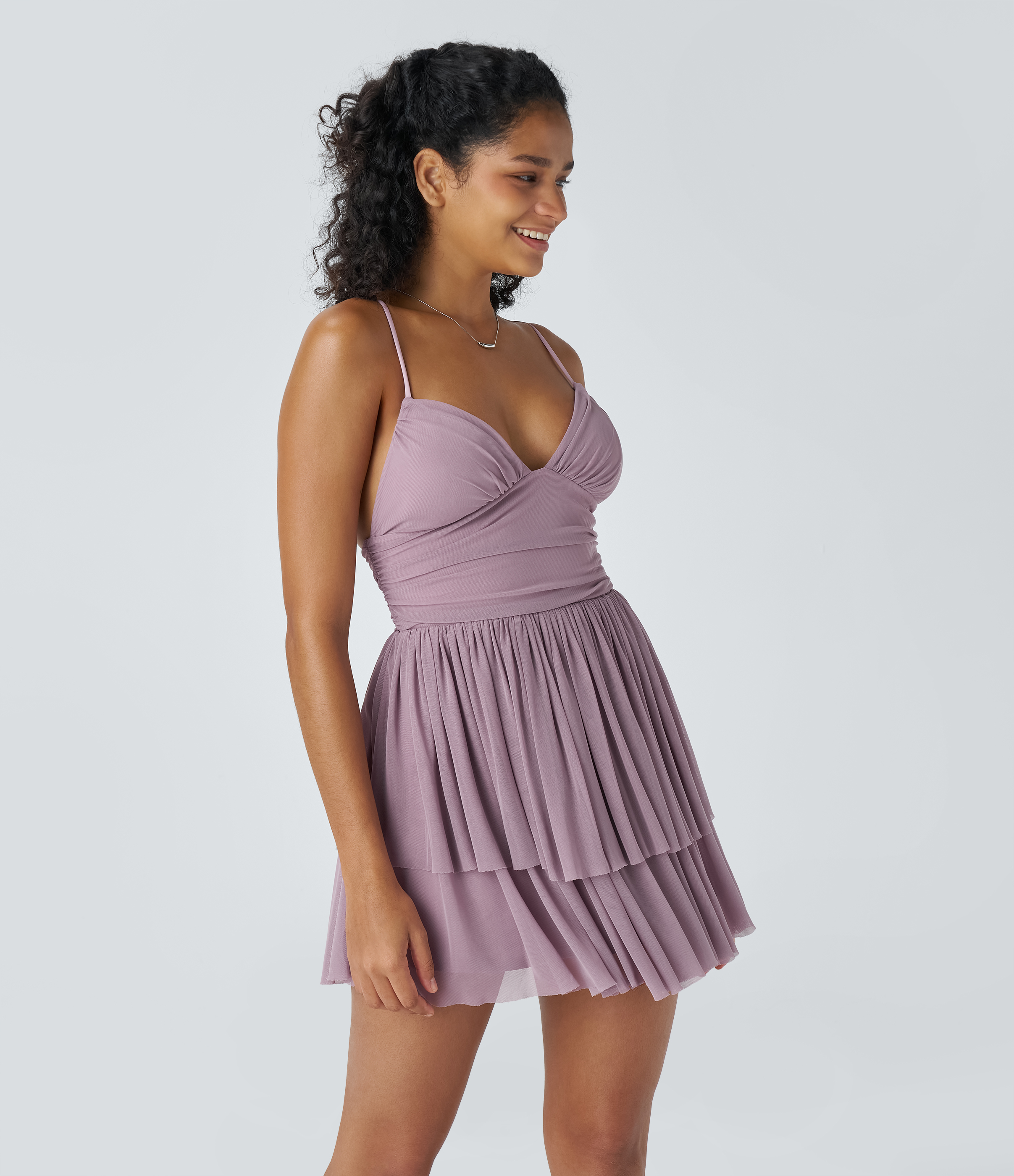 Halara Backless Crisscross Lace Up Mesh Layered Mini Party Dress Casual Dress - Lilac Blush - XS slip dress beach dress ruched dress 