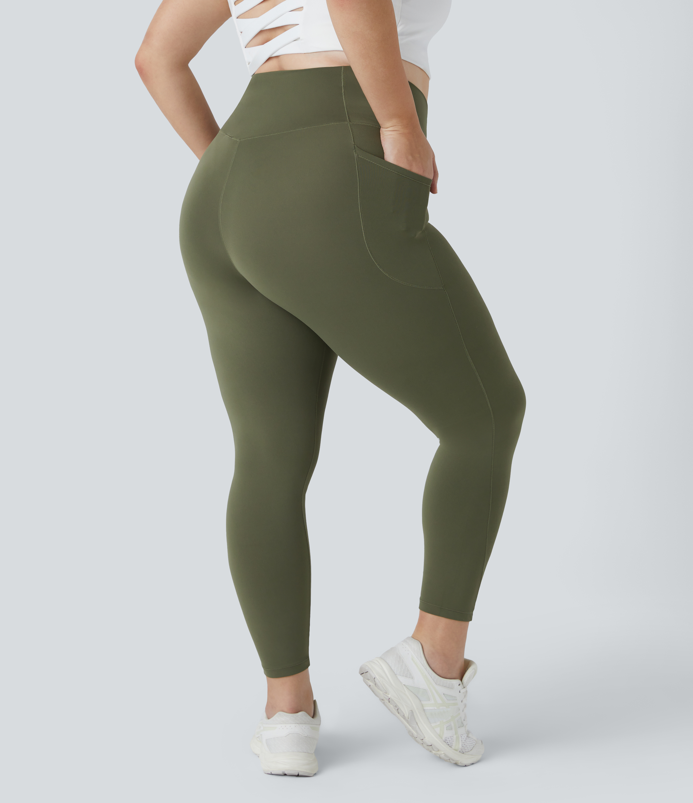 Halara Cloudfulв„ў Fabric High Waisted Crossover Side Pocket Plain Plus Size Full Length Leggings  - Grass Grey Green - 1X 