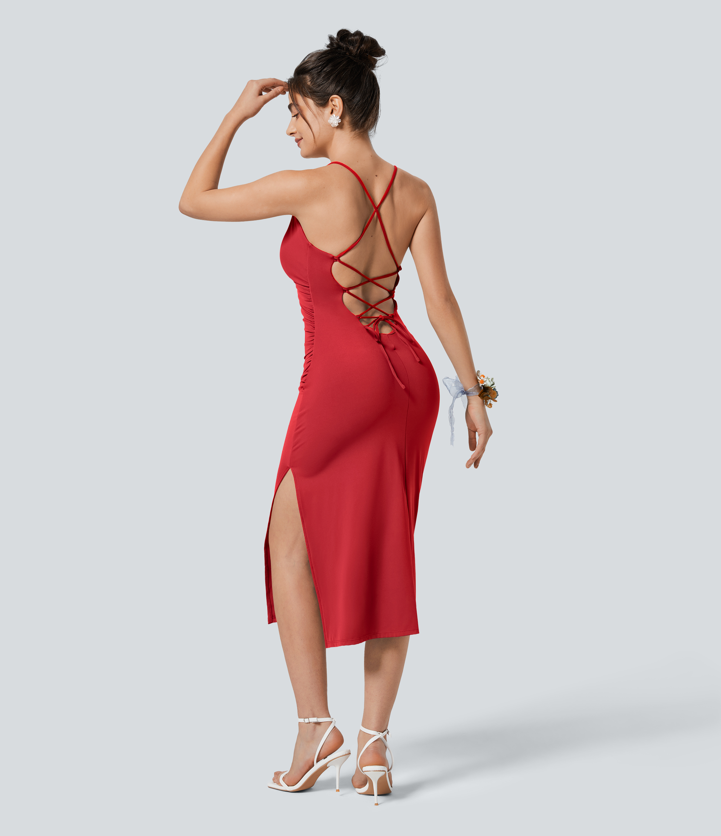 Halara Softlyzeroв„ў Airy Crossover Ruched Backless Lace Up Split Bodycon Cool Touch Bridesmaid And Wedding Guest Dress Casual Dress - Mars Red - S 