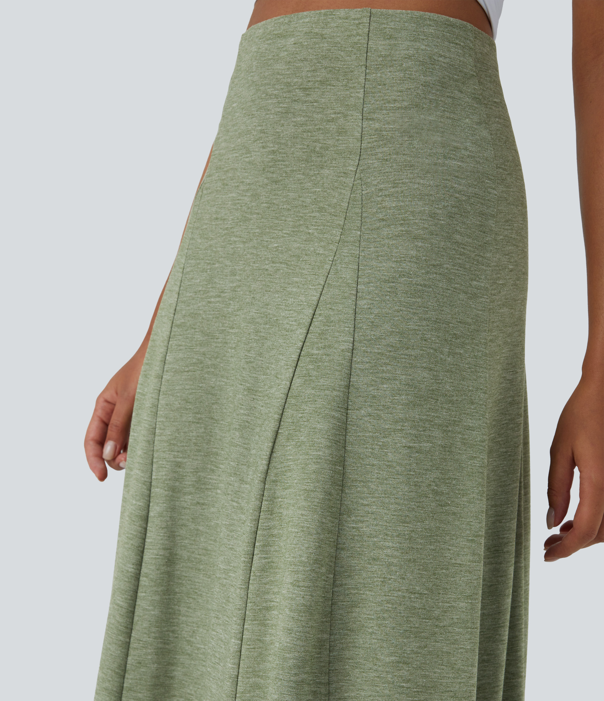Halara High Waisted Side Zipper Maxi Casual Flare Skirt  - Light Green Floral Yarn - XL(regular) 