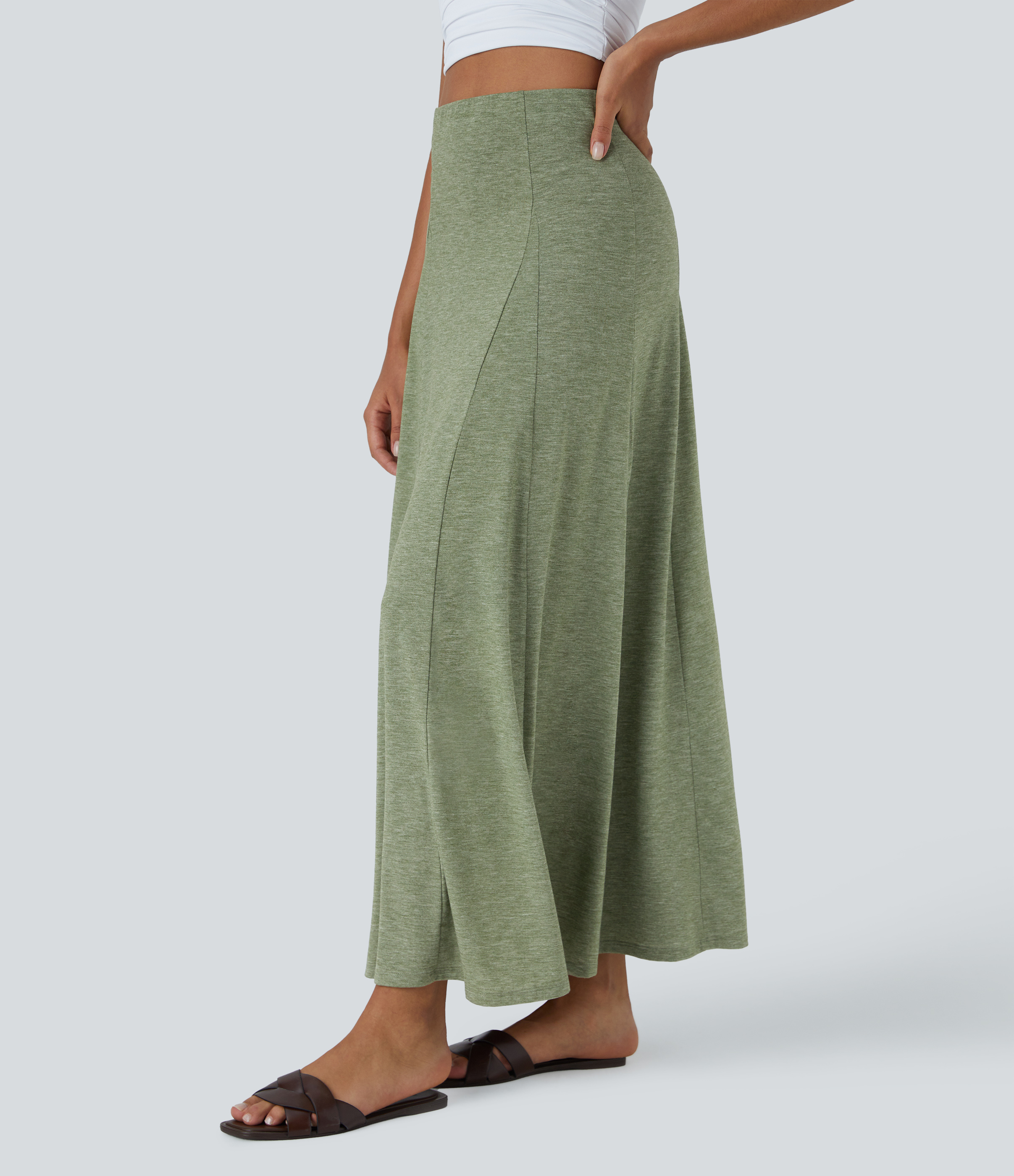 Halara High Waisted Side Zipper Maxi Casual Flare Skirt  - Light Green Floral Yarn - XL(regular) 