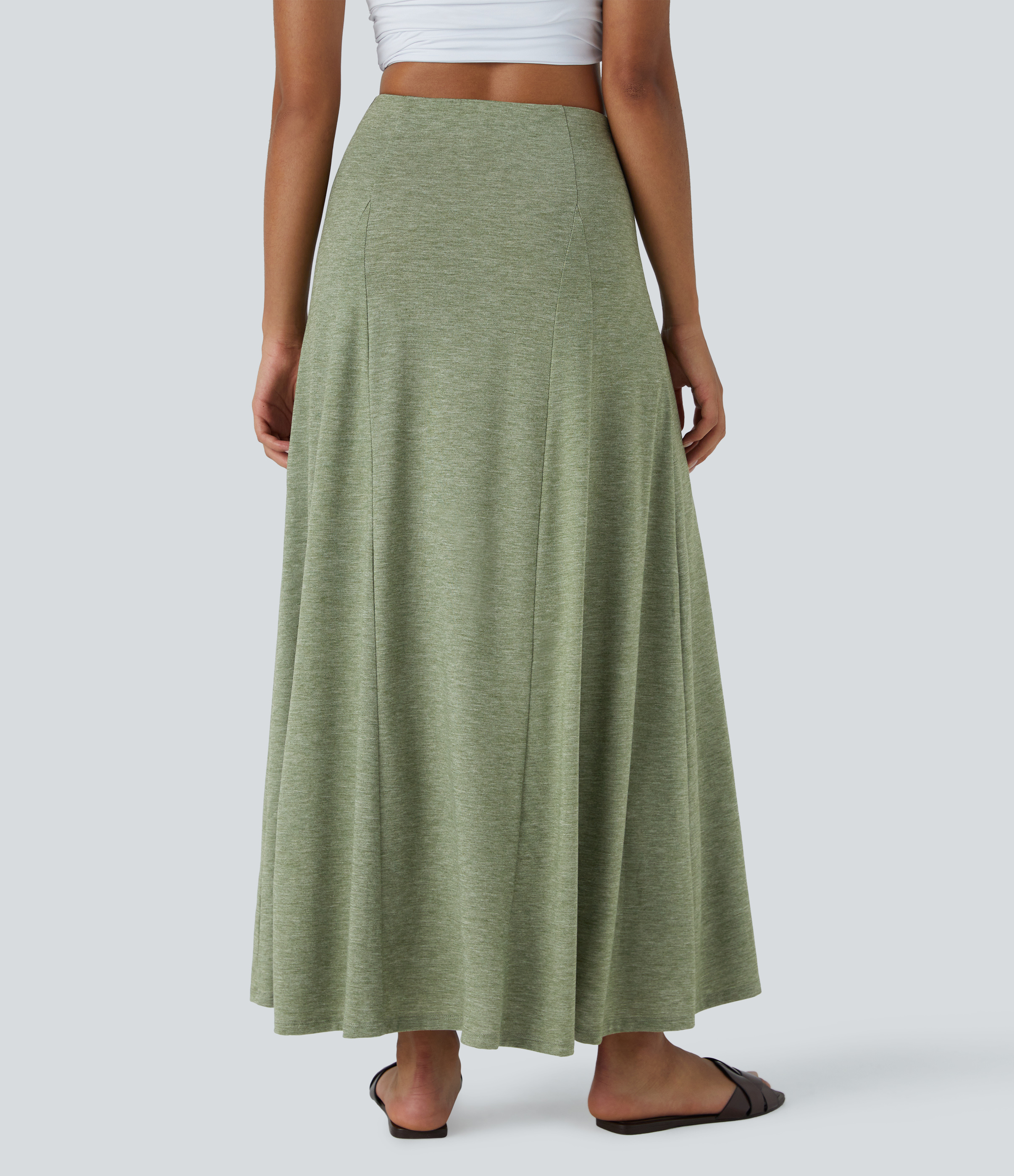 Halara High Waisted Side Zipper Maxi Casual Flare Skirt  - Light Green Floral Yarn - XL(regular) 