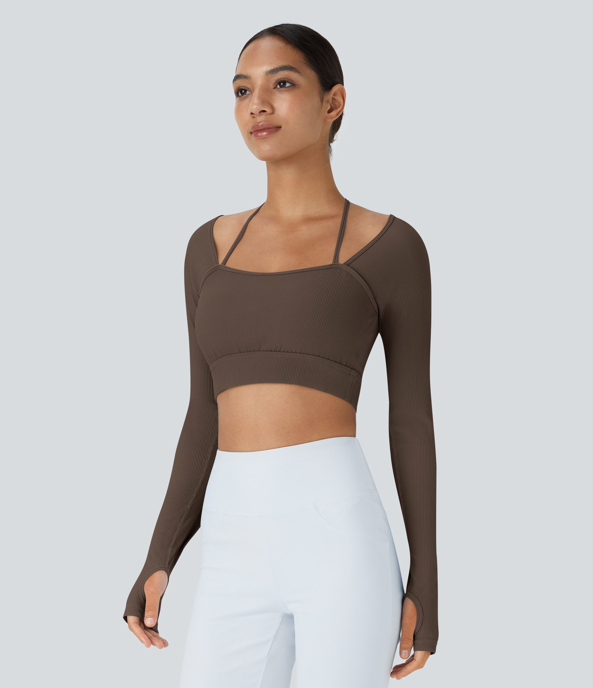 Halara Ribbed Halter Strap Thumb Hole Cropped Yoga Sports Top  - Rain Drum - XL 