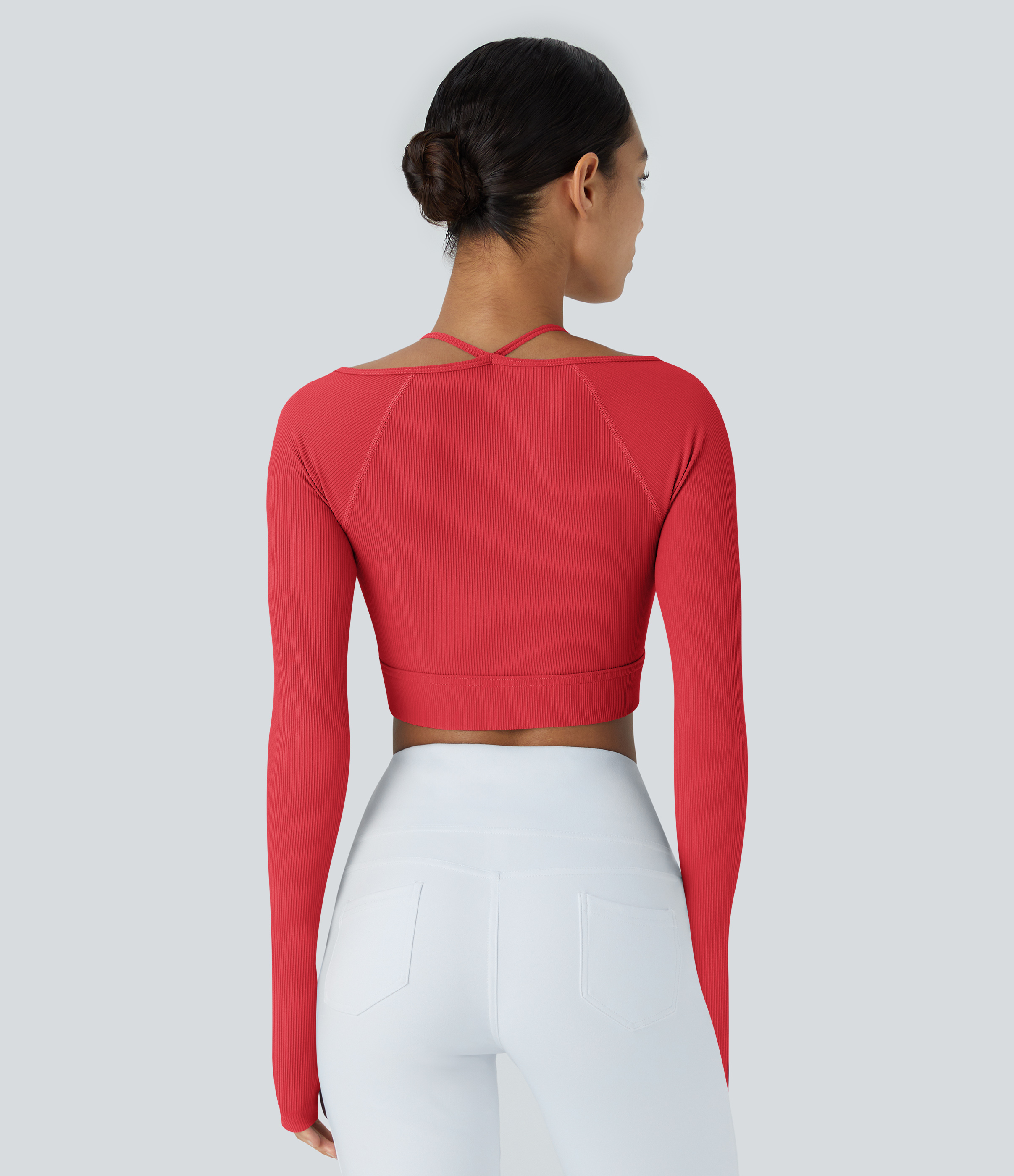 Halara Ribbed Halter Strap Thumb Hole Cropped Yoga Sports Top  - Tomato - L 