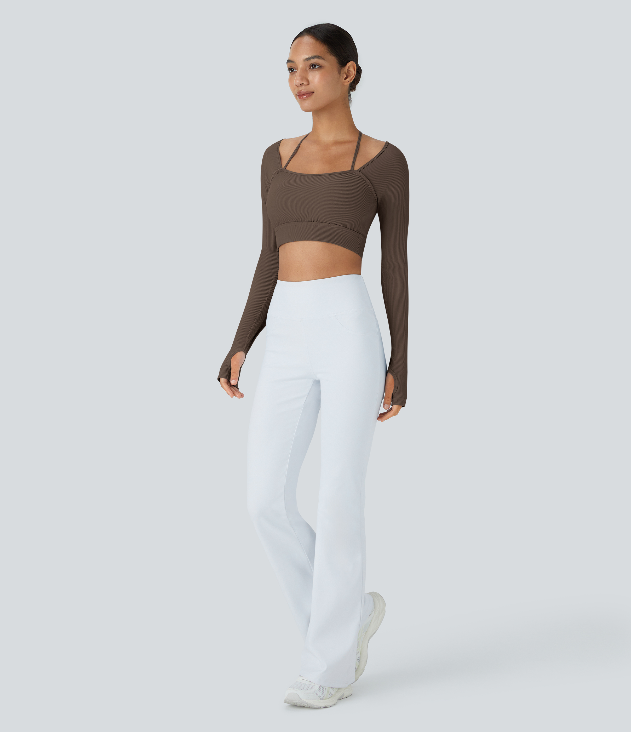 Halara Ribbed Halter Strap Thumb Hole Cropped Yoga Sports Top  - Rain Drum - XL 