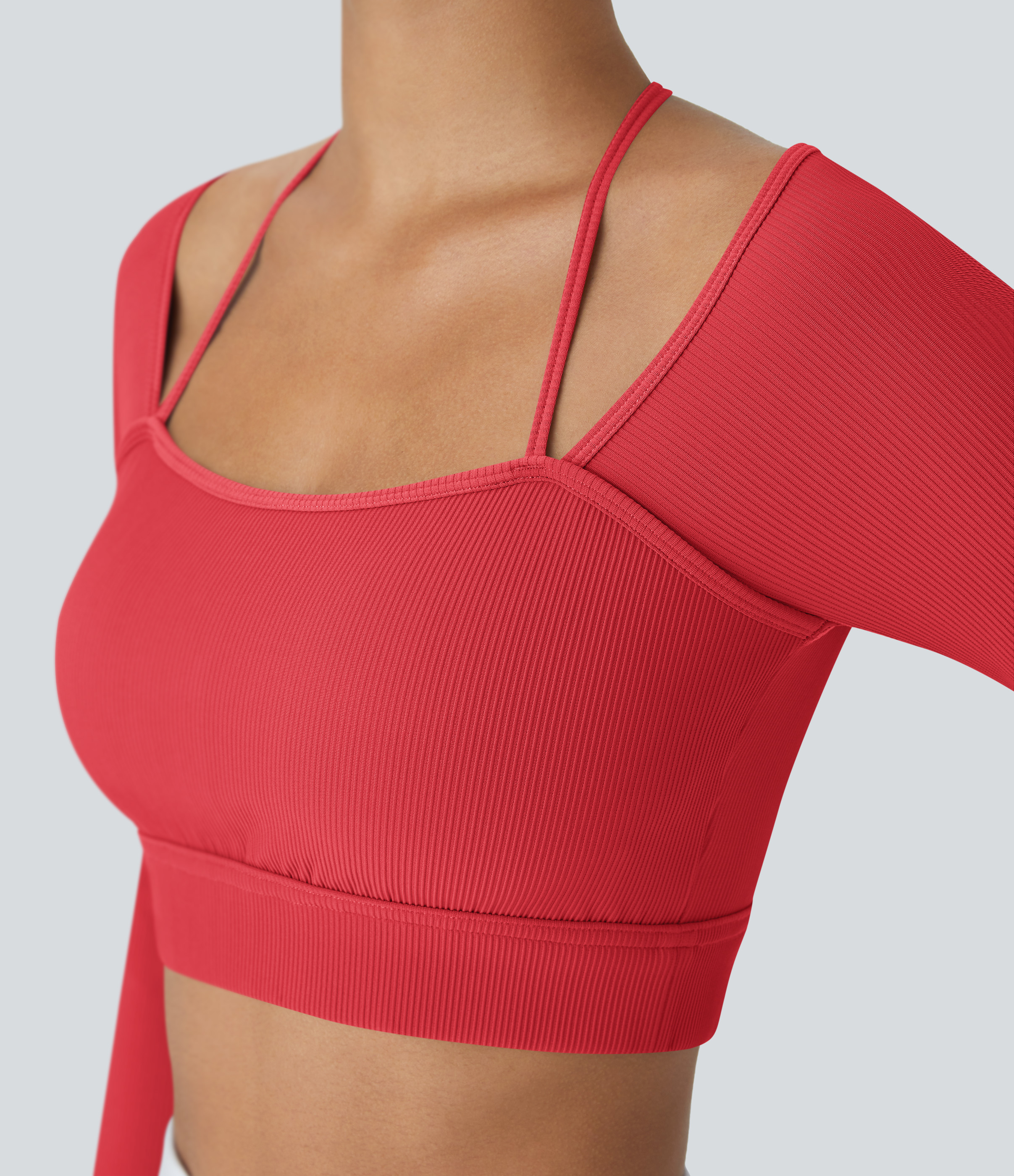 Halara Ribbed Halter Strap Thumb Hole Cropped Yoga Sports Top  - Tomato - L 