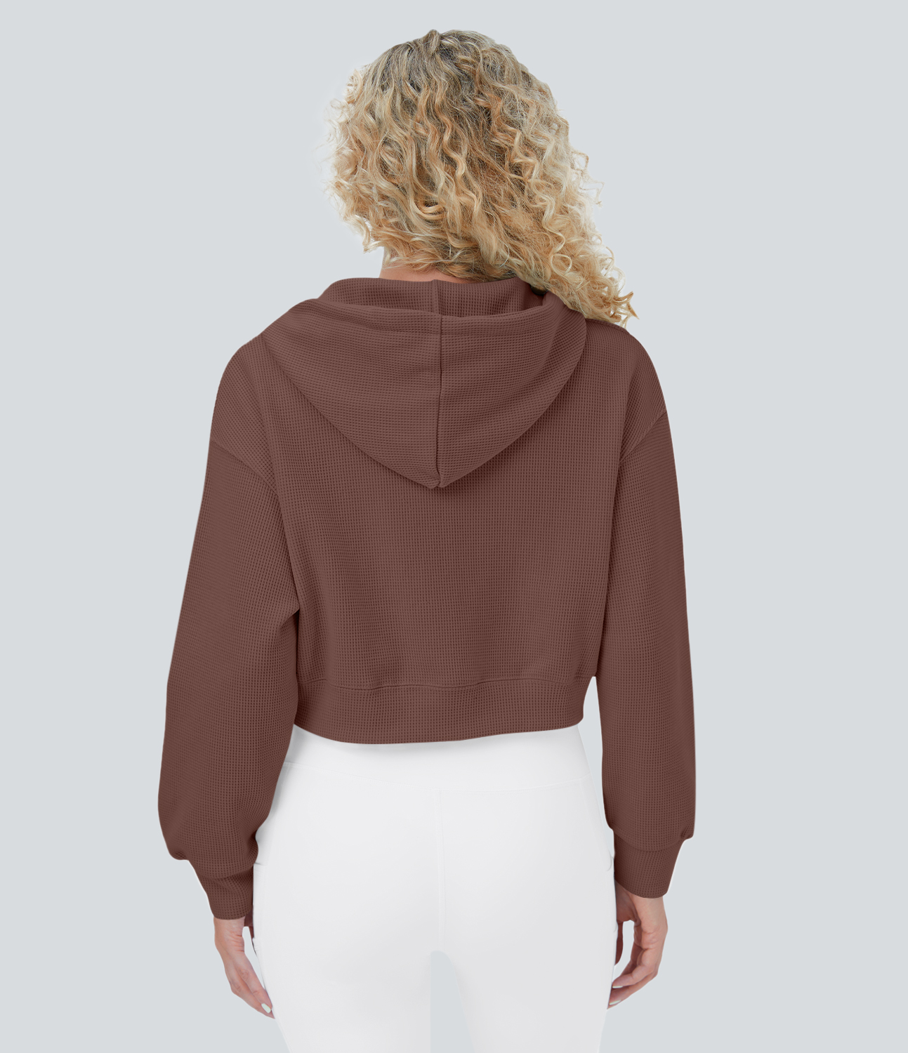 Halara Waffle Hooded Drawstring Zipper Cropped Casual Cotton Sports Sweatshirt  - Mink - L 