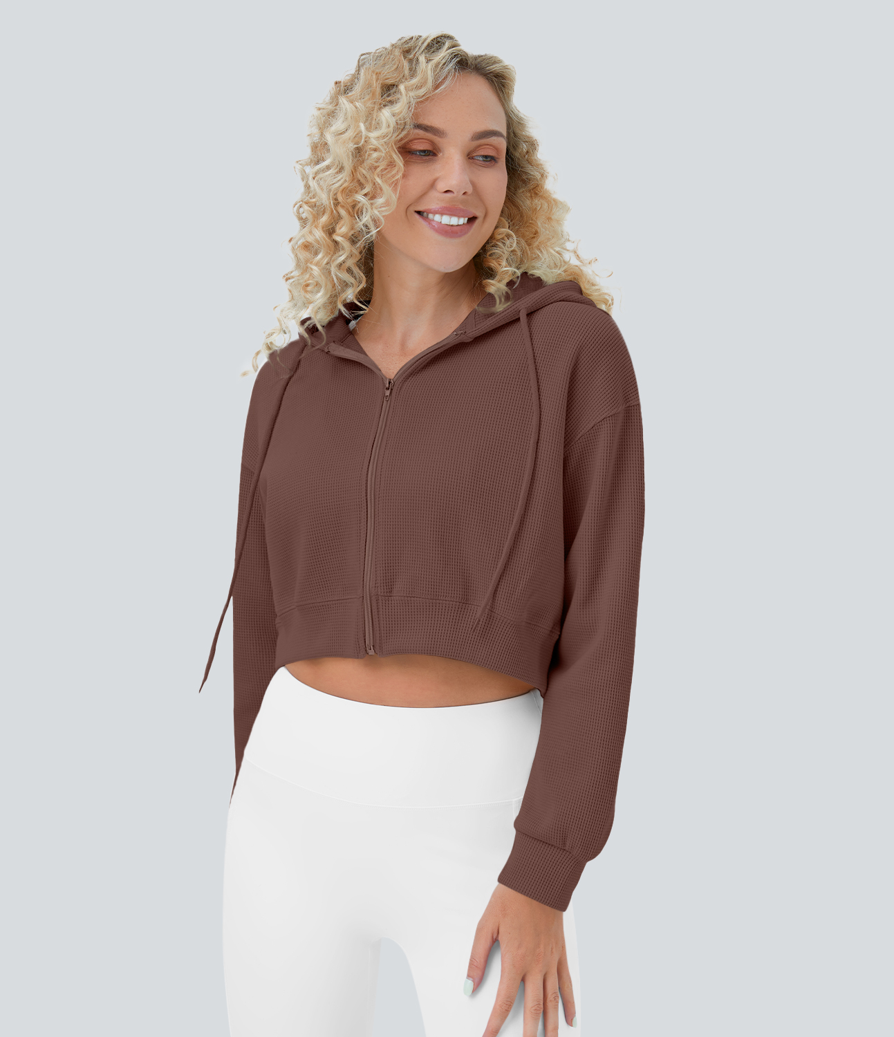 Halara Waffle Hooded Drawstring Zipper Cropped Casual Cotton Sports Sweatshirt  - Mink - L 