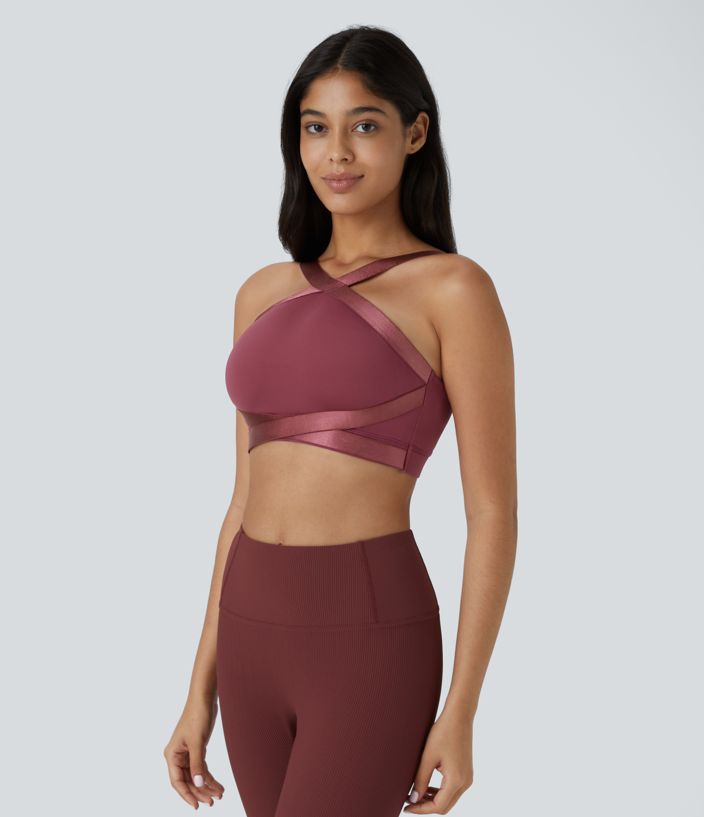 Halara Softlyzeroв„ў Airy Medium Support Crisscross Backless Cool Touch Training Sports Bra  - Cordovan - S push up bra strapless bra 