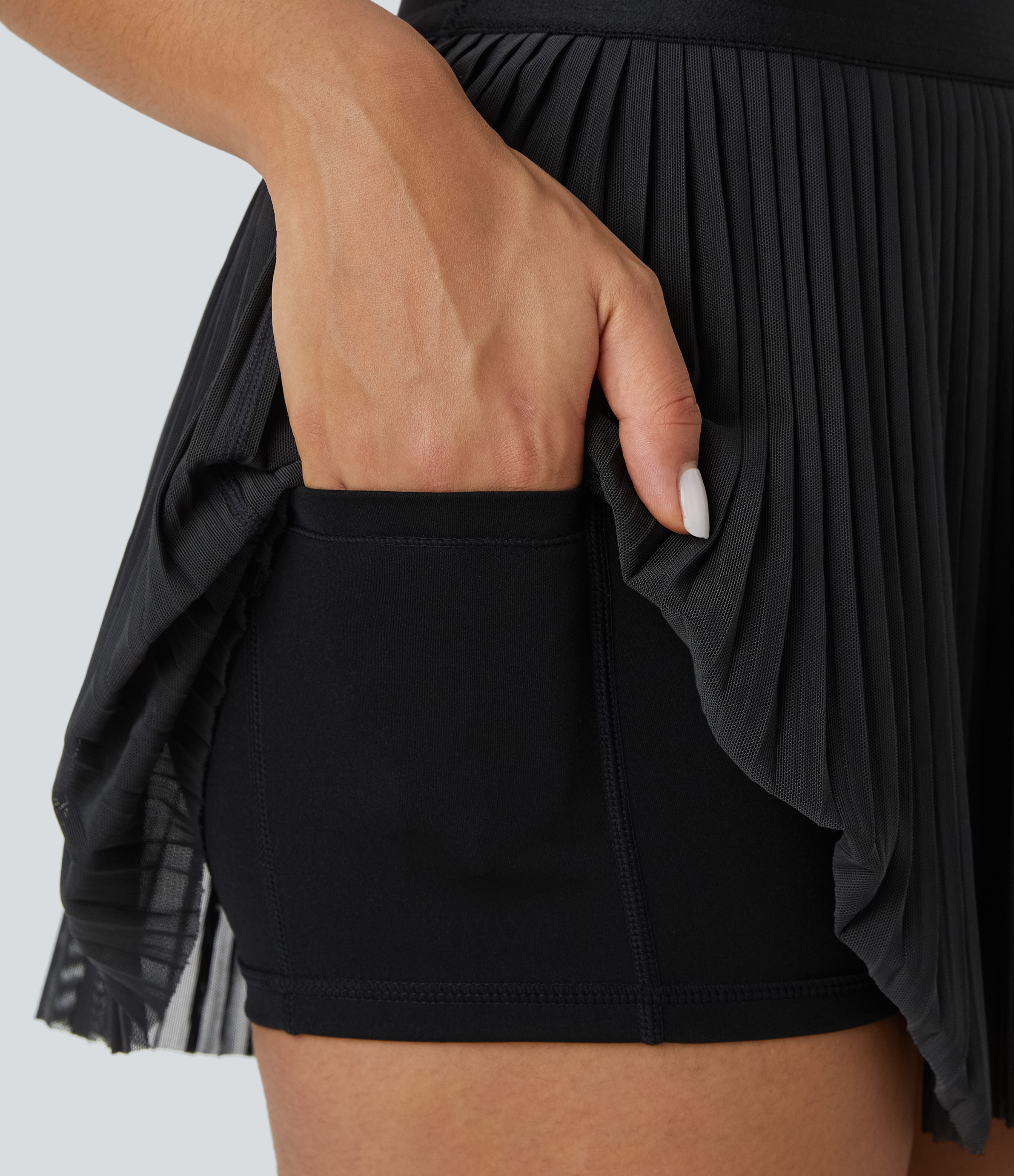 Halara High Waisted 2-in-1 Side Pocket Contrast Mesh Pleated Mini Tennis Skirt  - Black - L(regular) midi skirt a line skirt golfing skirt 