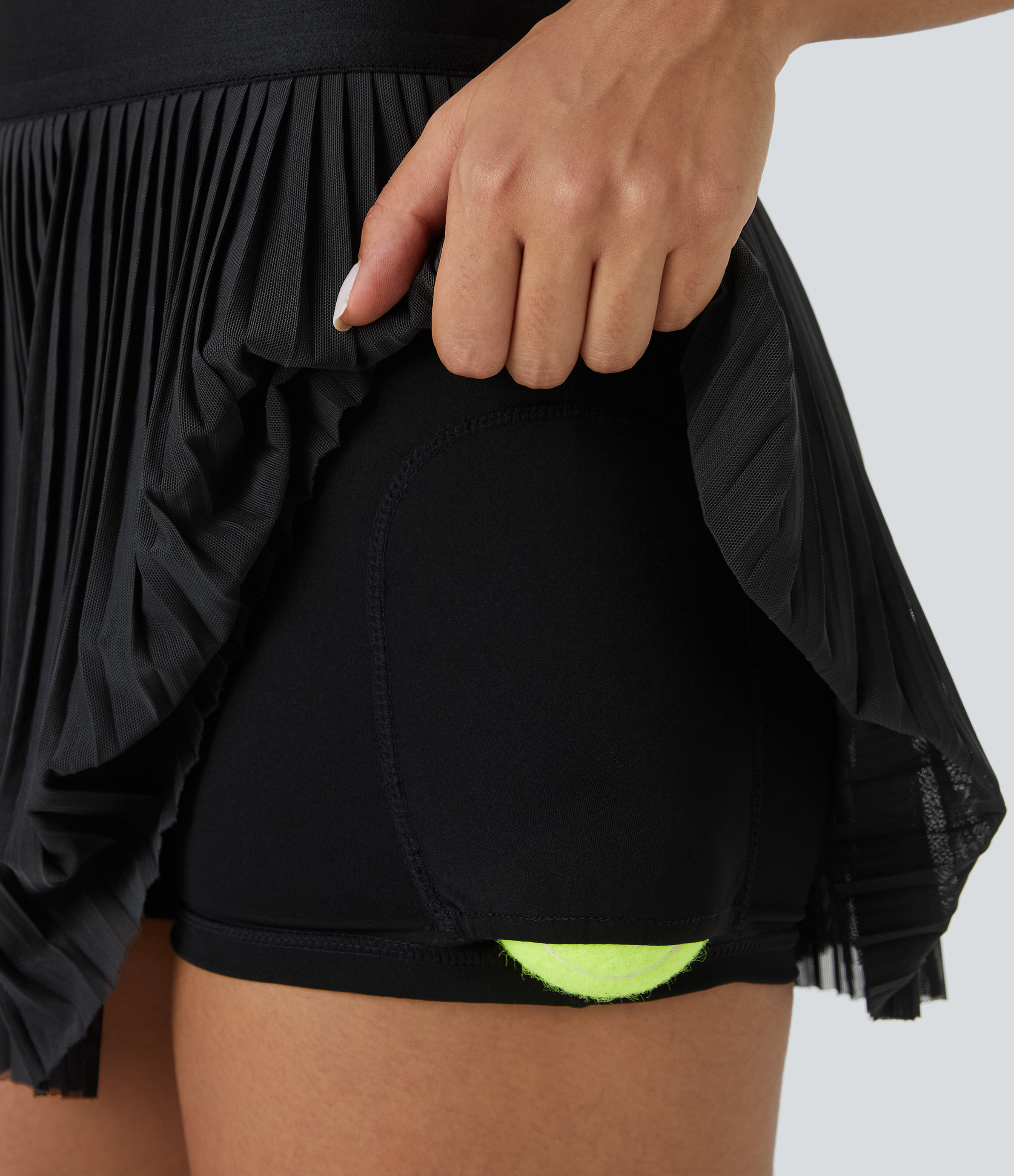Halara High Waisted 2-in-1 Side Pocket Contrast Mesh Pleated Mini Tennis Skirt  - Black - L(regular) midi skirt a line skirt golfing skirt 