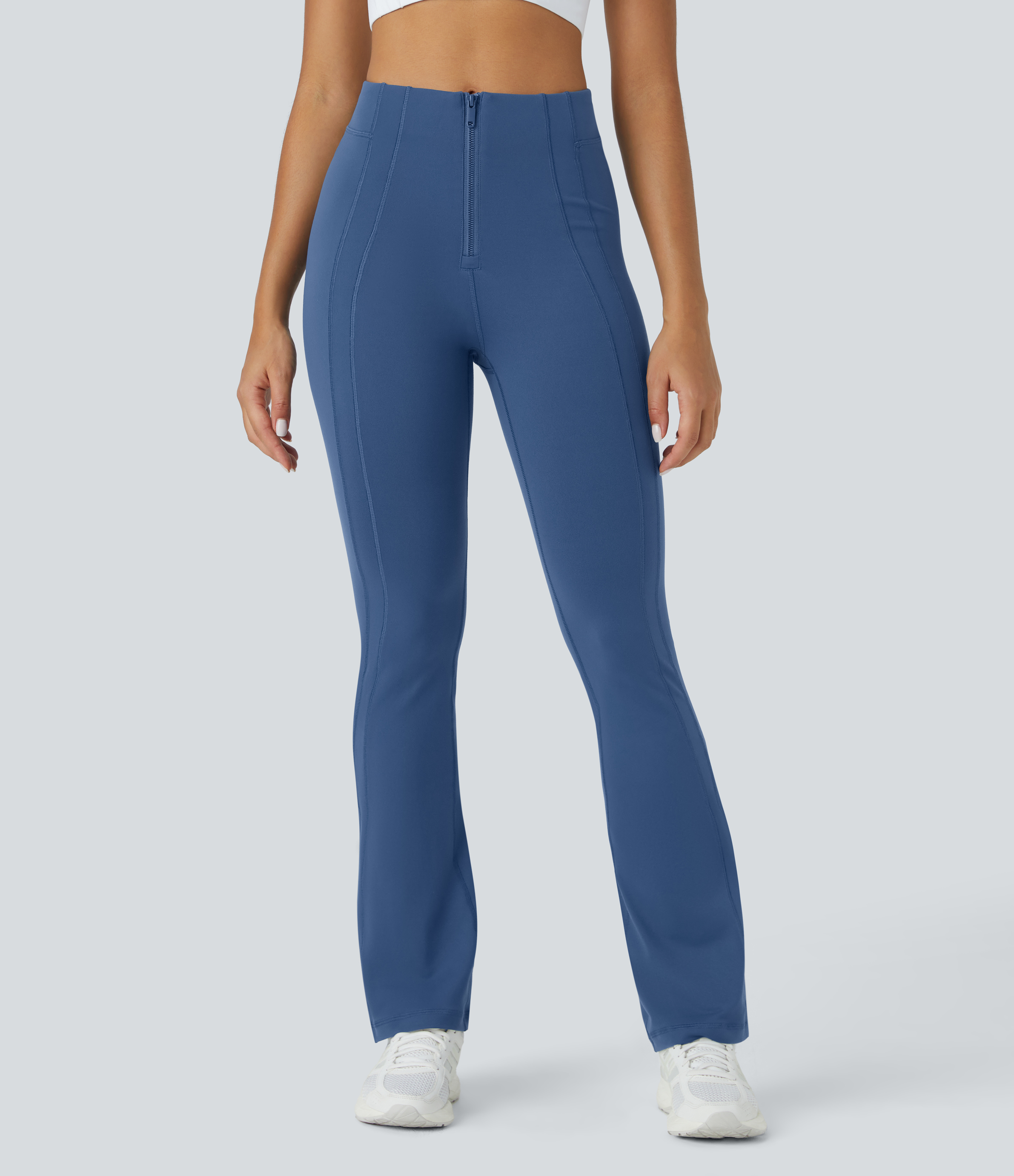 Halara High Waisted Zipper Slight Flare Yoga Pants  - Paeonia Ocean Blue - S 