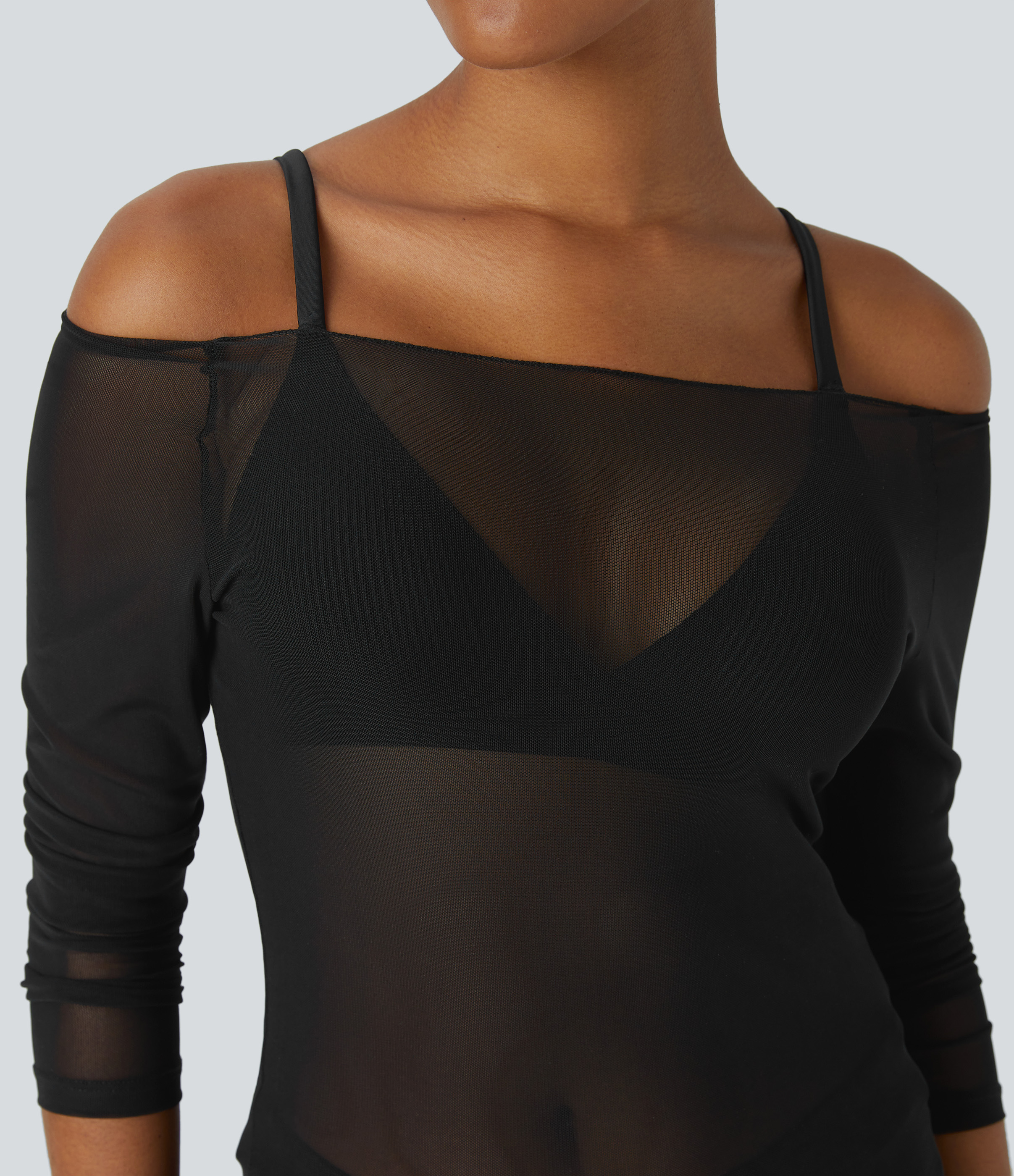 Halara Sheer Off Shoulder Long Sleeve Contrast Mesh Casual Top Tank Top - Black - M golf tops halter top tunic tops sleeveless tops 