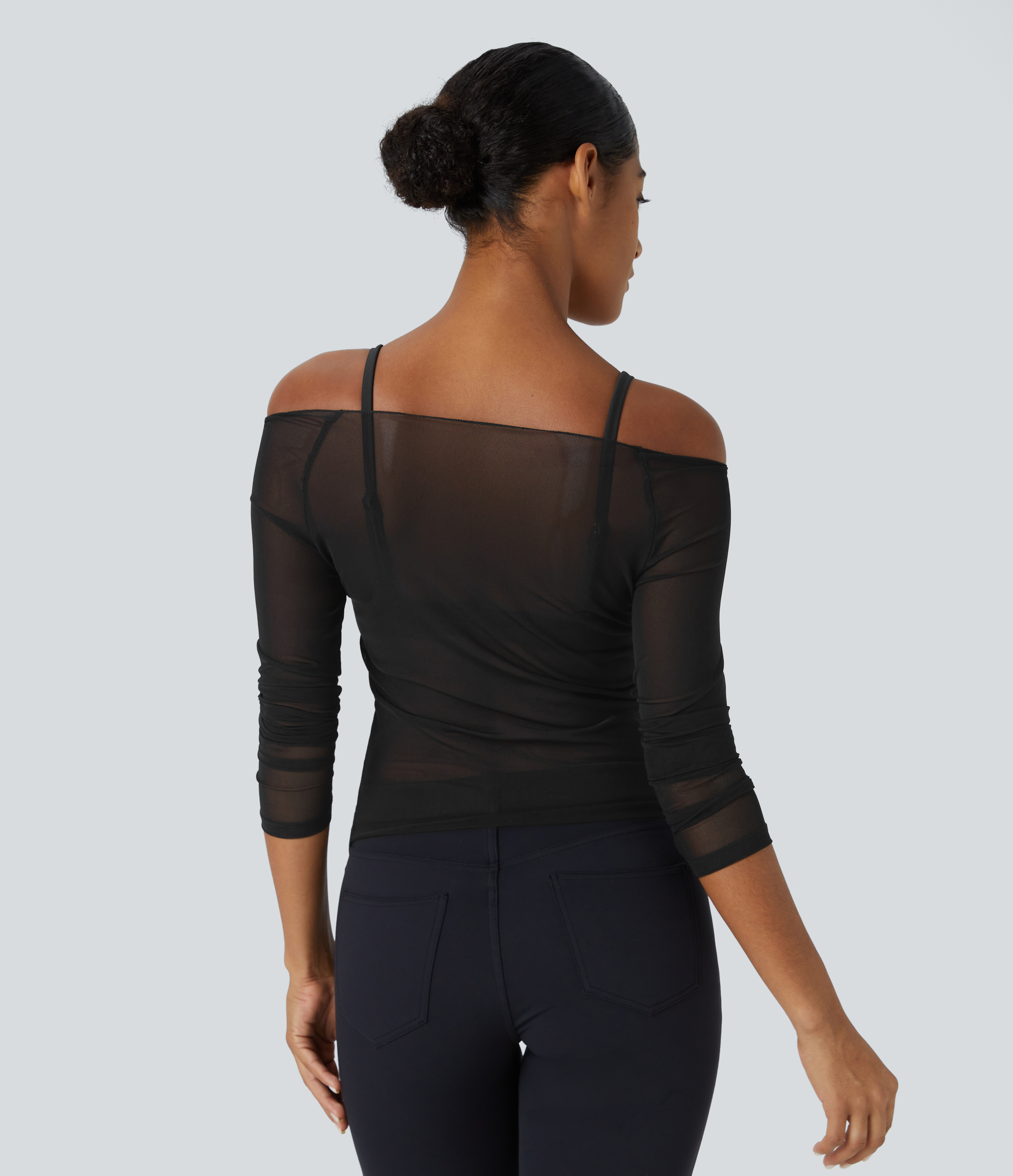 Halara Sheer Off Shoulder Long Sleeve Contrast Mesh Casual Top Tank Top - Black - M golf tops halter top tunic tops sleeveless tops 