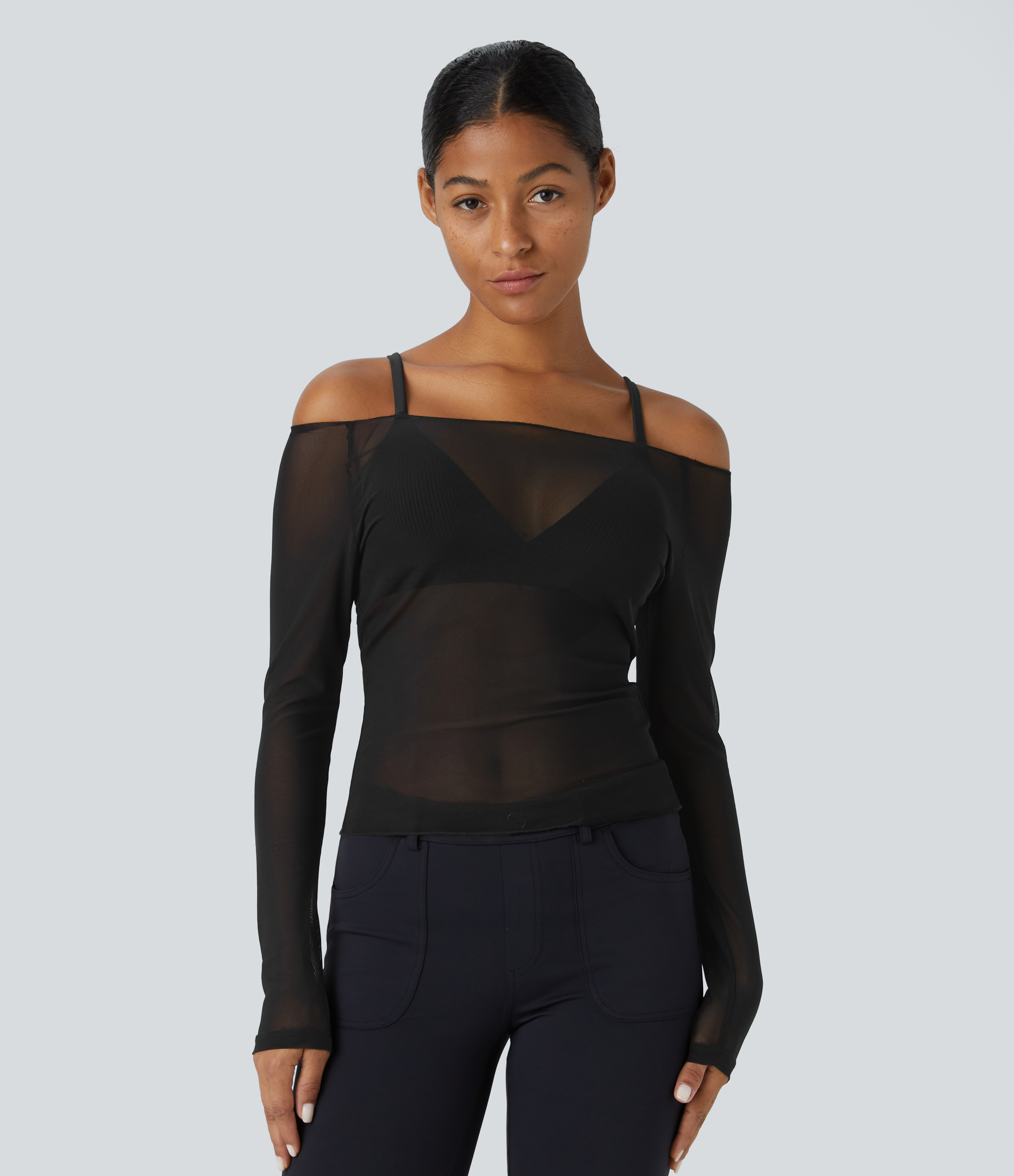 Halara Sheer Off Shoulder Long Sleeve Contrast Mesh Casual Top Tank Top - Black - M golf tops halter top tunic tops sleeveless tops 