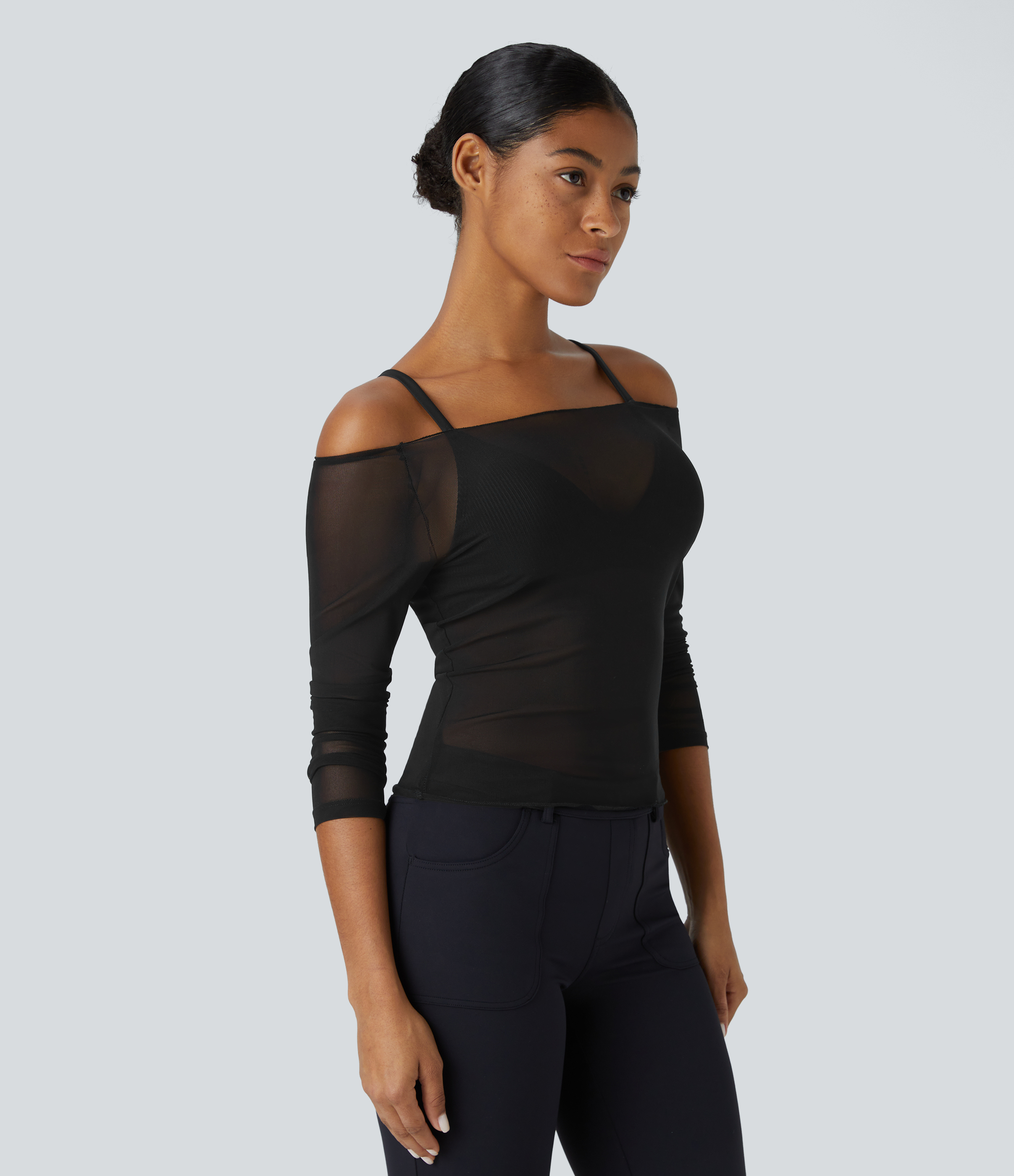 Halara Sheer Off Shoulder Long Sleeve Contrast Mesh Casual Top Tank Top - Black - M golf tops halter top tunic tops sleeveless tops 