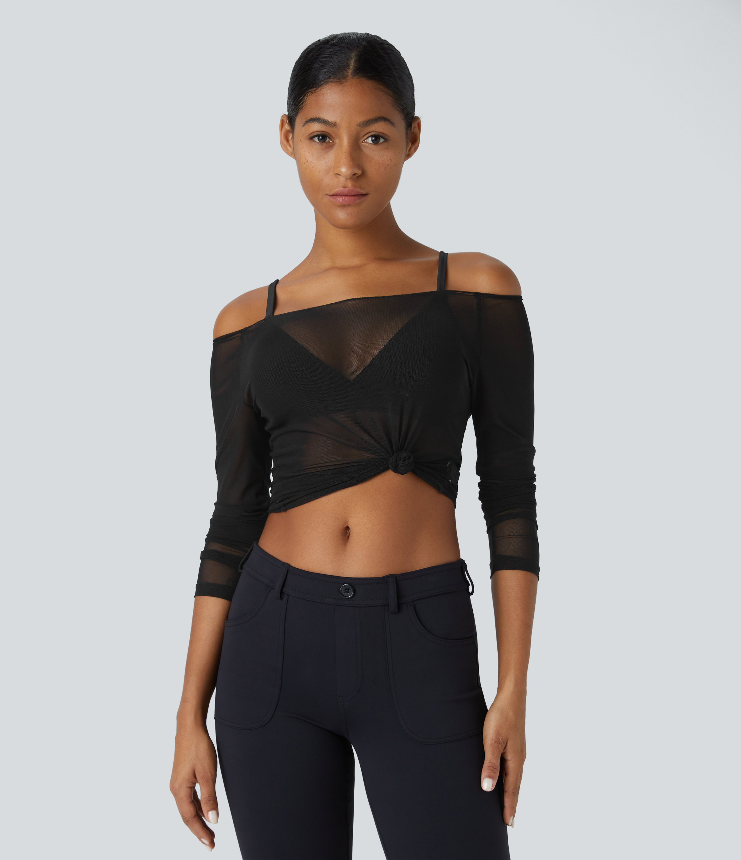 Halara Sheer Off Shoulder Long Sleeve Contrast Mesh Casual Top Tank Top - Black - M golf tops halter top tunic tops sleeveless tops 