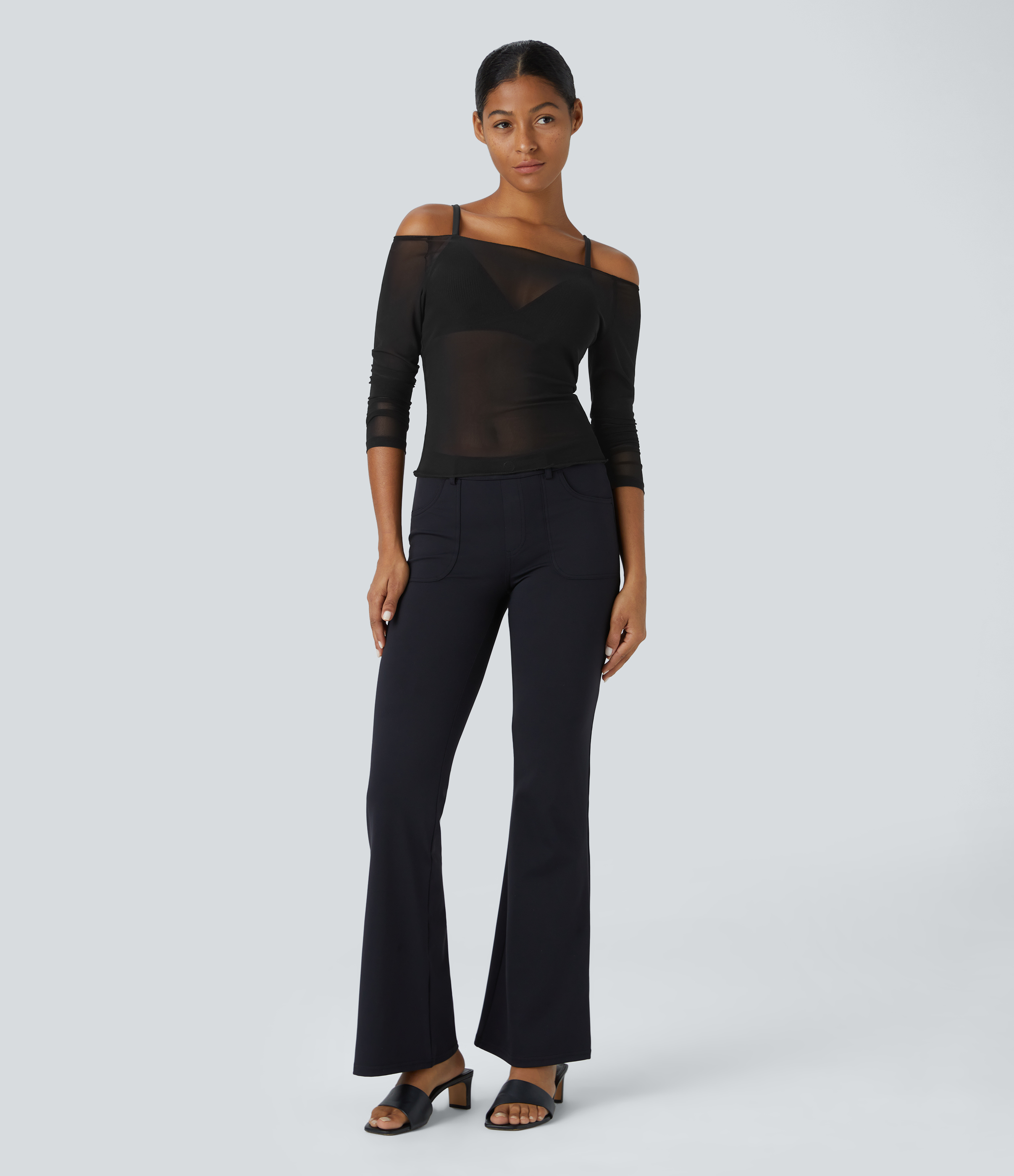 Halara Sheer Off Shoulder Long Sleeve Contrast Mesh Casual Top Tank Top - Black - M golf tops halter top tunic tops sleeveless tops 