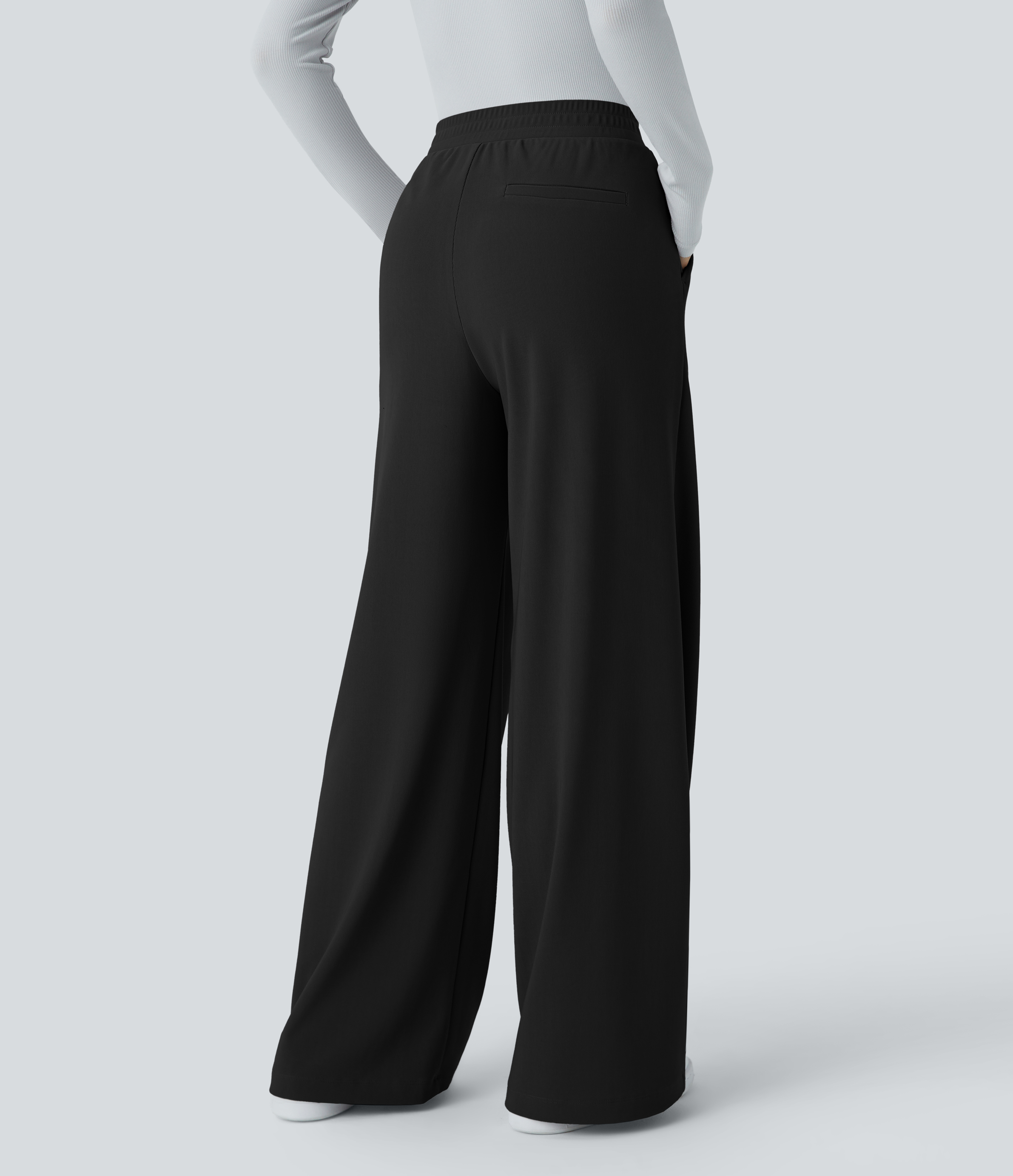 Black Pantalón Halara Flex™ oficina tiro alto pliegue bolsillo lateral pierna ancha micro gofre / 2